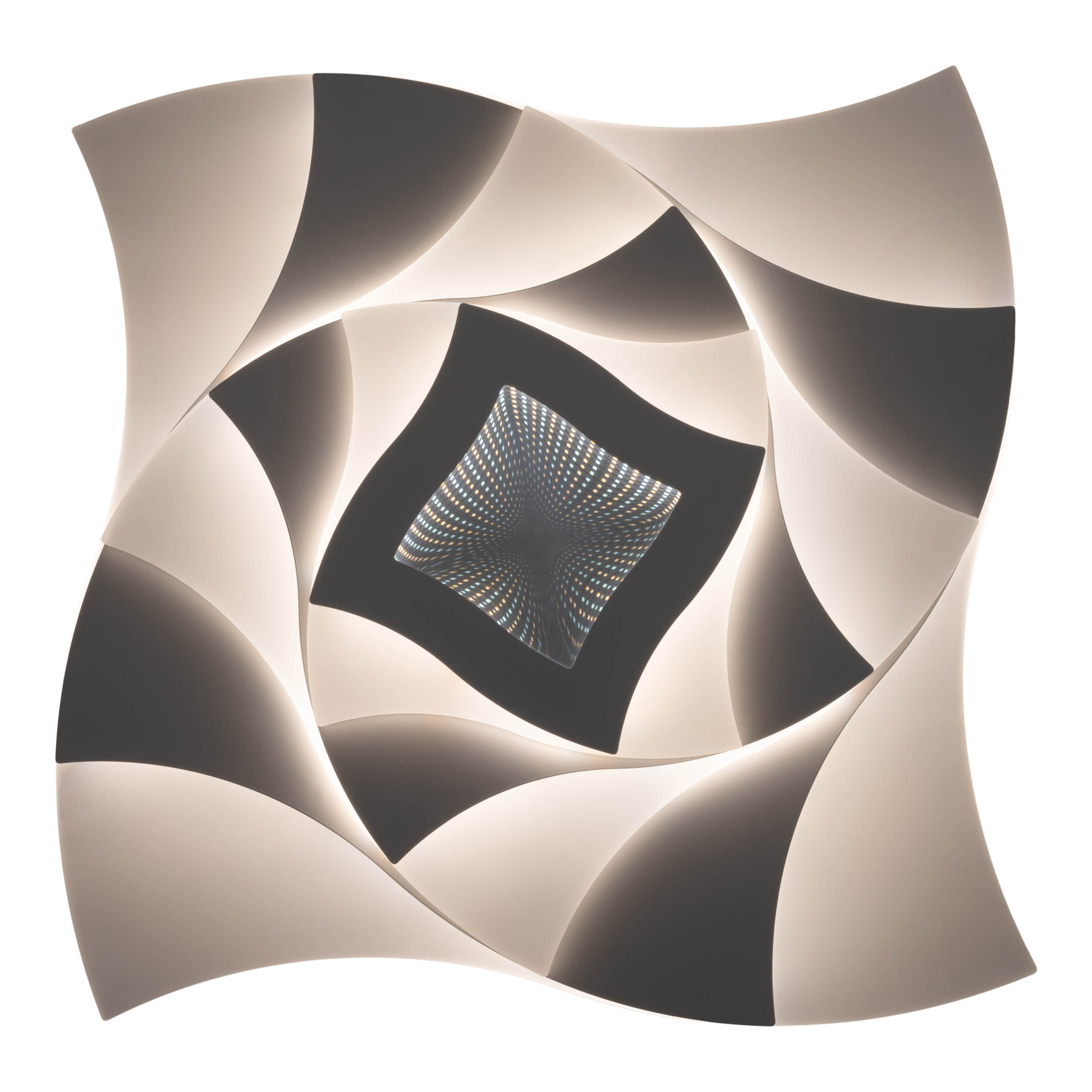 Eine weiße, quadratische, geometrische Leuchte mit einem zentralen, verspiegelten Kern.