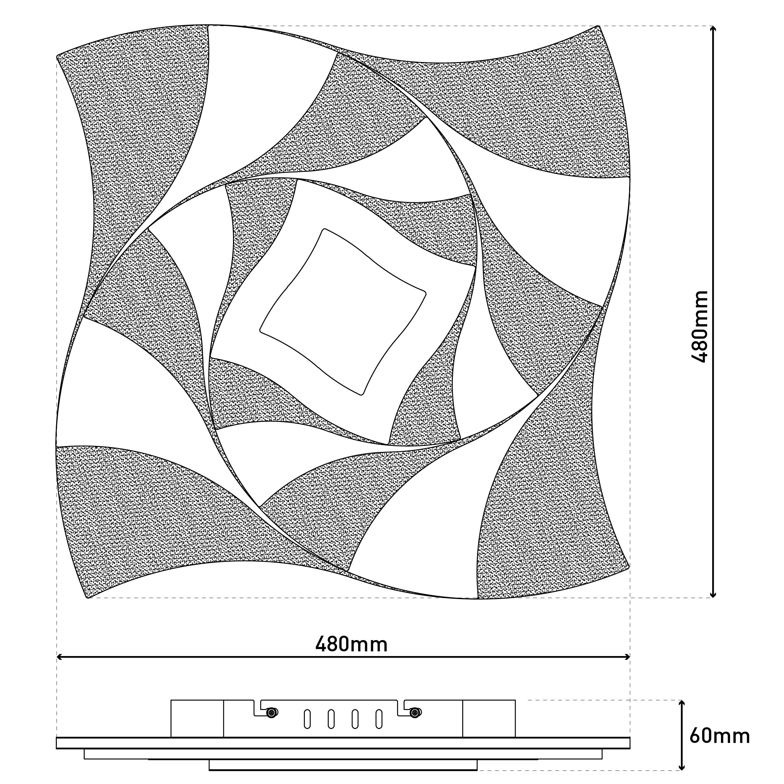 Eine quadratische Deckenleuchte mit einem geometrischen Design aus geschwungenen Formen in Grau und Weiß.