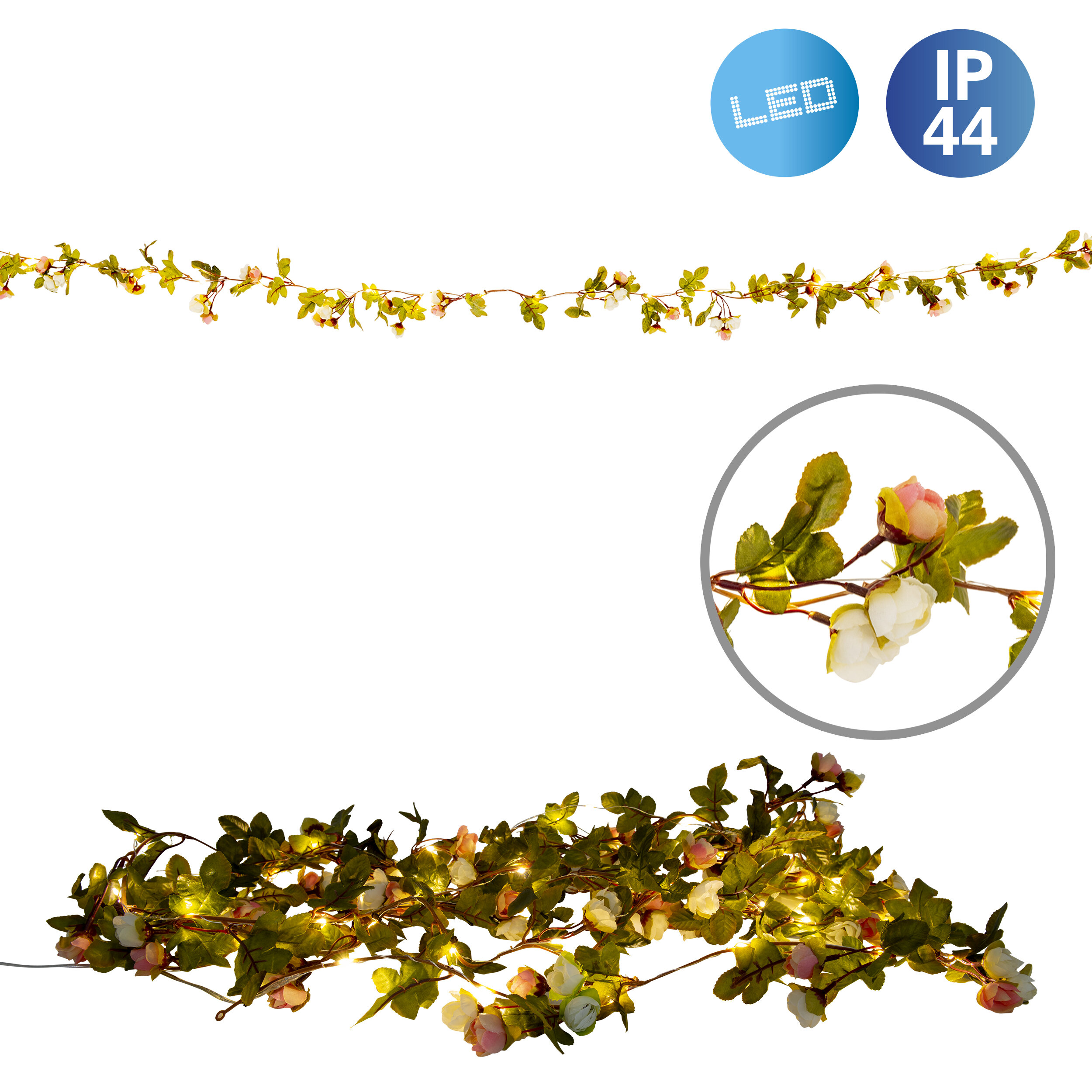 Lichterkette mit Blumen, weißer Hintergrund, Nahaufnahme der Blüten.