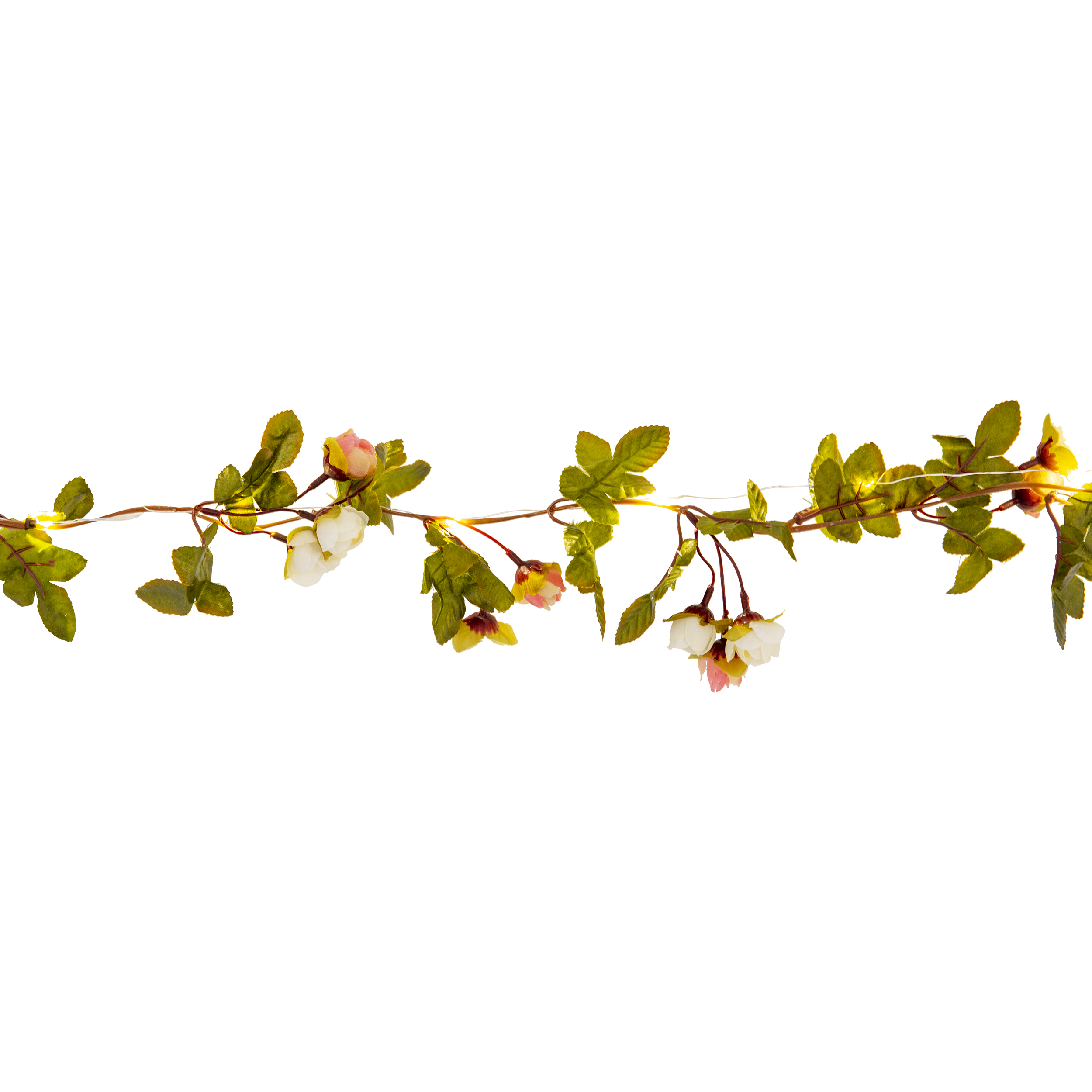 Ein Blumengirlande aus weißen und rosa Rosen und grünen Blättern, mit kleinen Lichtern beleuchtet.