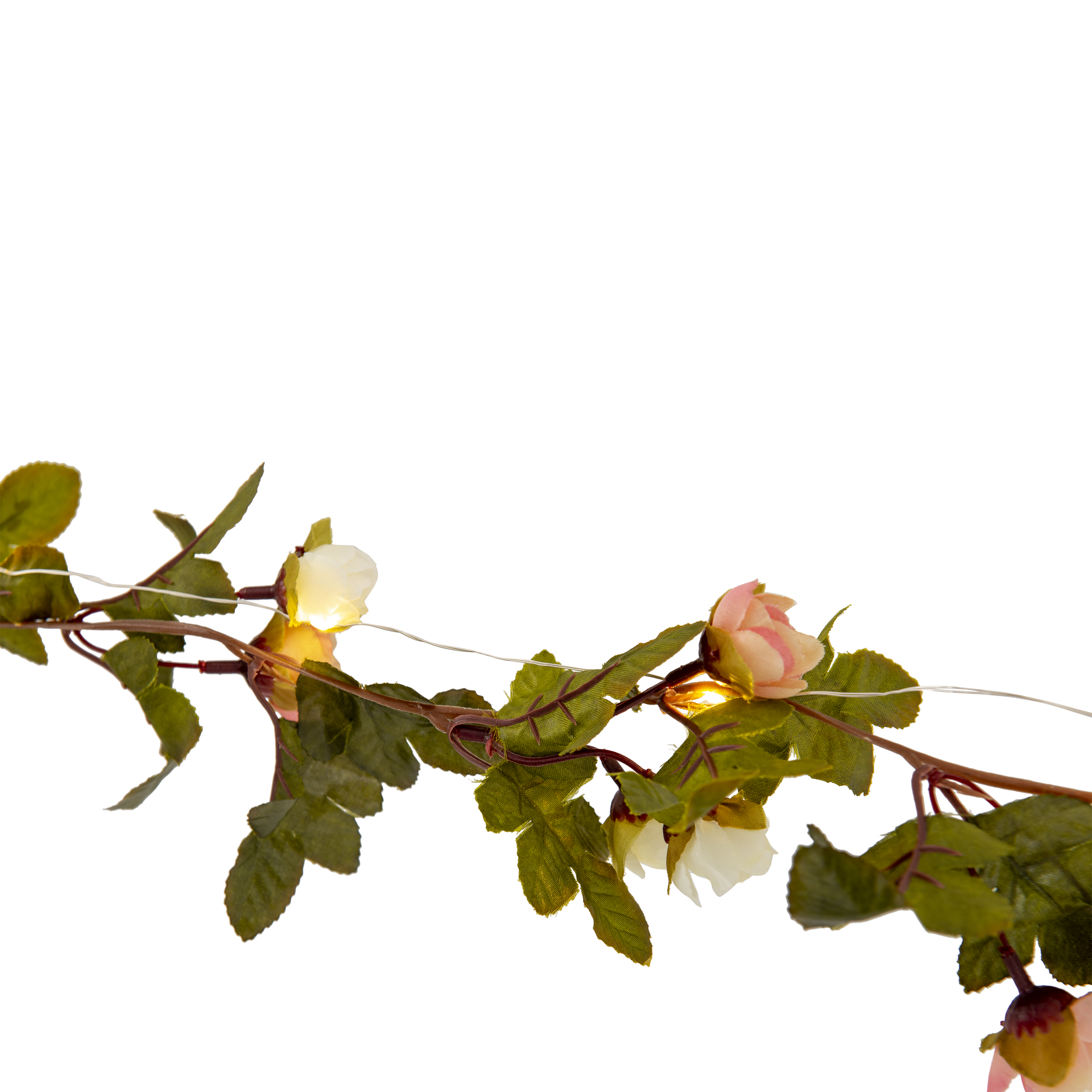 Eine Girlande aus weißen und rosa Blüten mit grünen Blättern auf weißem Hintergrund.