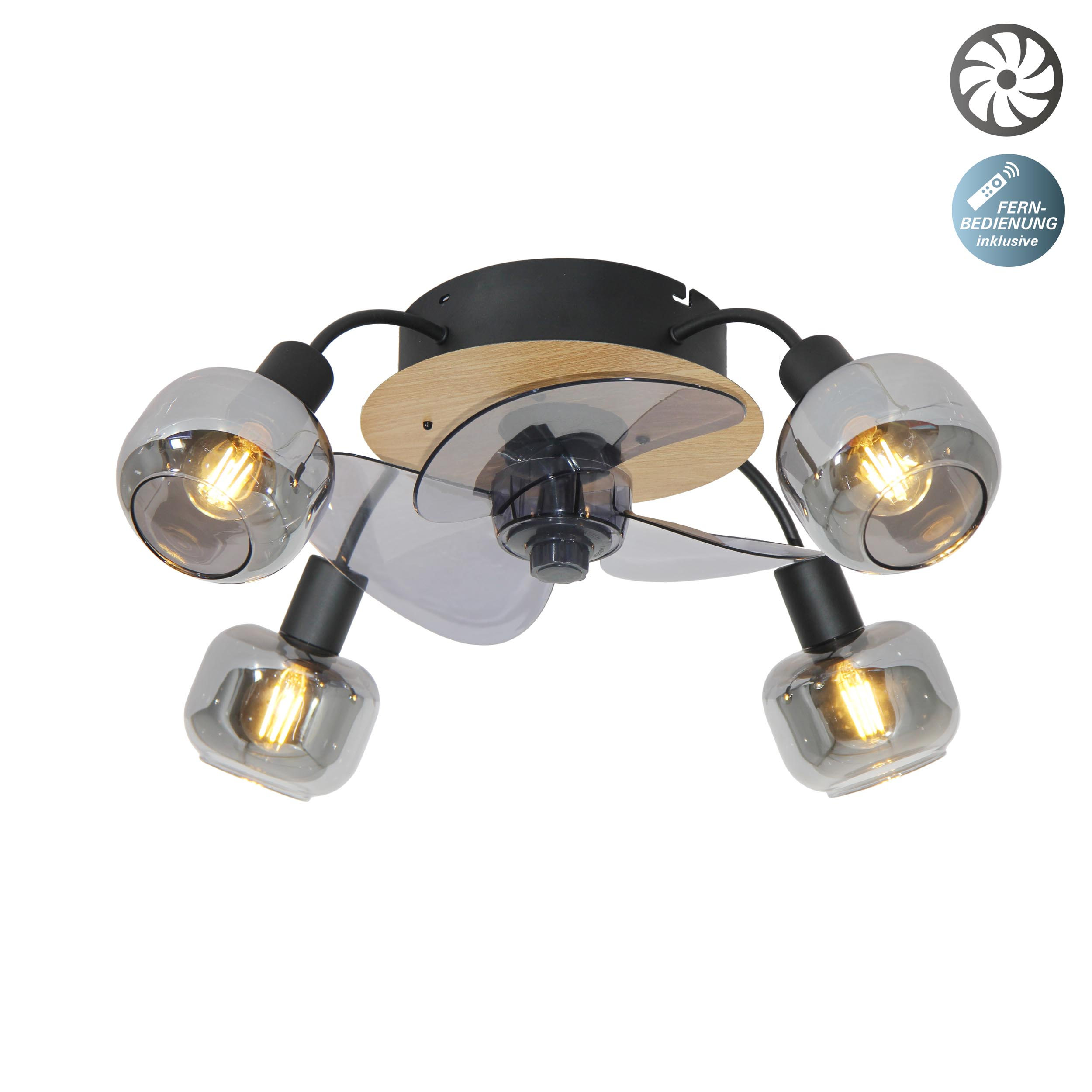 Ein Deckenventilator mit vier Lichtern. Schwarz und Holzoptik mit Glasschirmen. Der Ventilator ist ausgeschaltet.