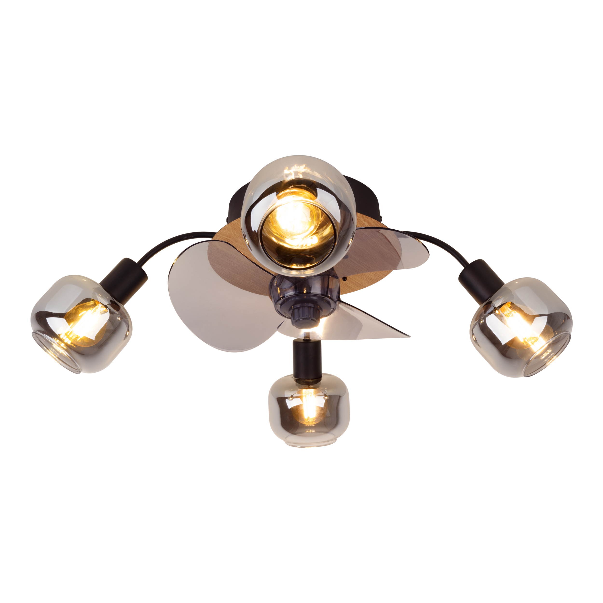 Deckenventilator mit drei Lichtern. Lichter haben graue Glasschirme. Flügel sind silber und grau.