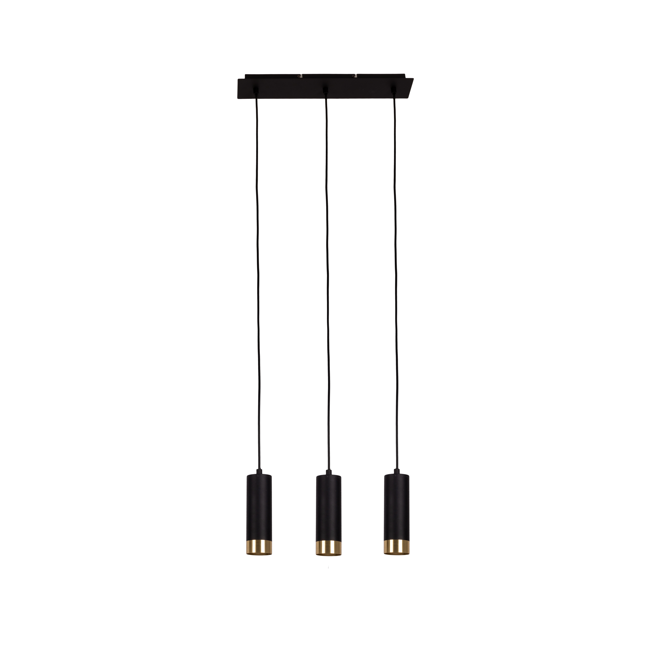 Schwarze Pendelleuchten mit goldenen Akzenten. Drei Lichter hängen an einer schwarzen rechteckigen Basis.