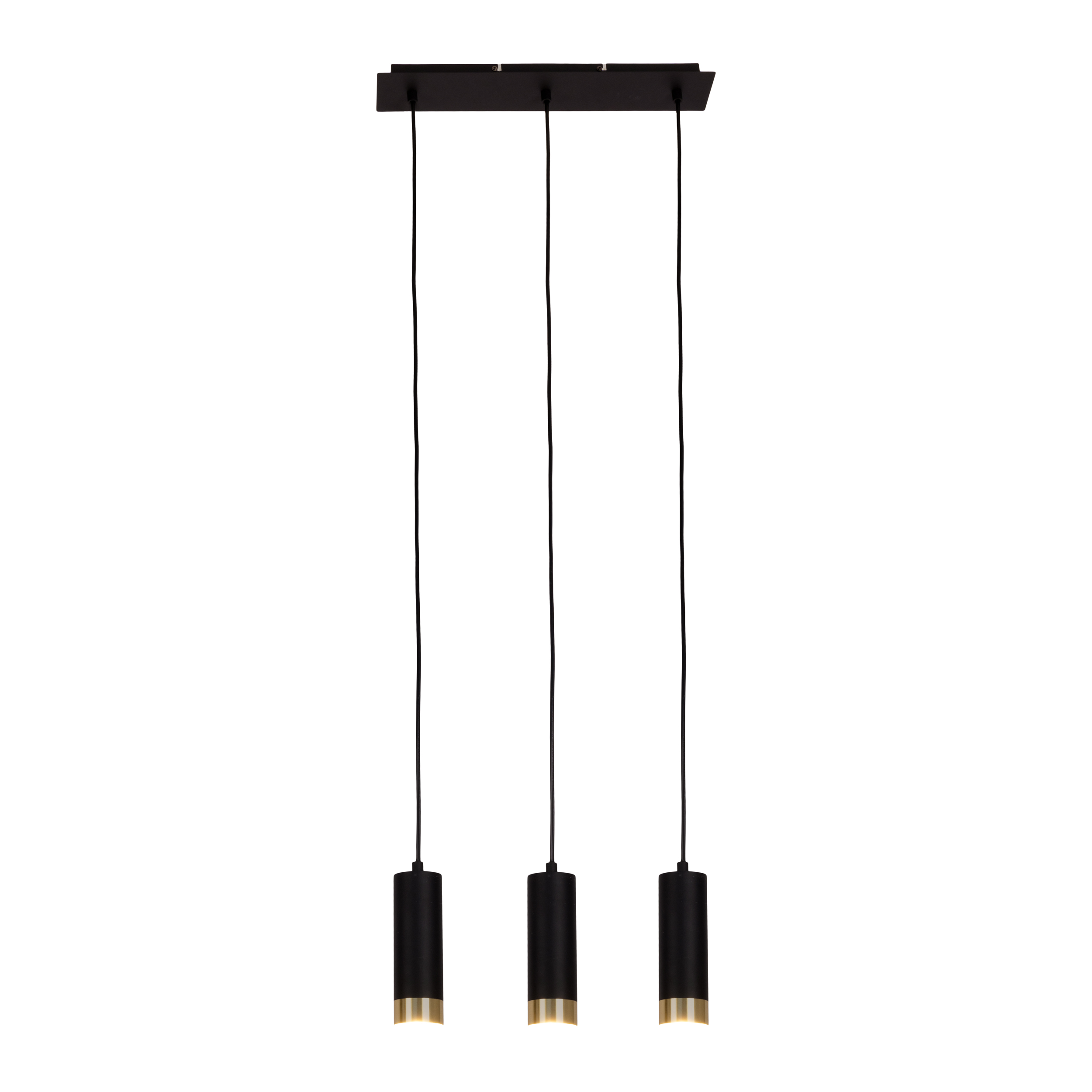 Drei schwarze Pendelleuchten mit goldenen Akzenten hängen von einer schwarzen Stange, weißer Hintergrund.