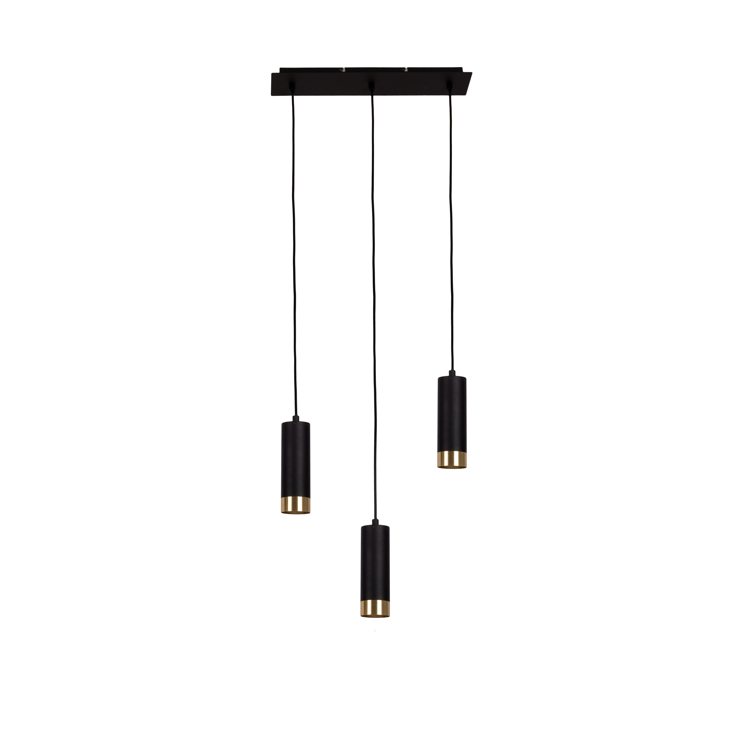 Drei schwarze Pendelleuchten mit goldenen Akzenten. Sie hängen von einer schwarzen Stange vor weißem Hintergrund.