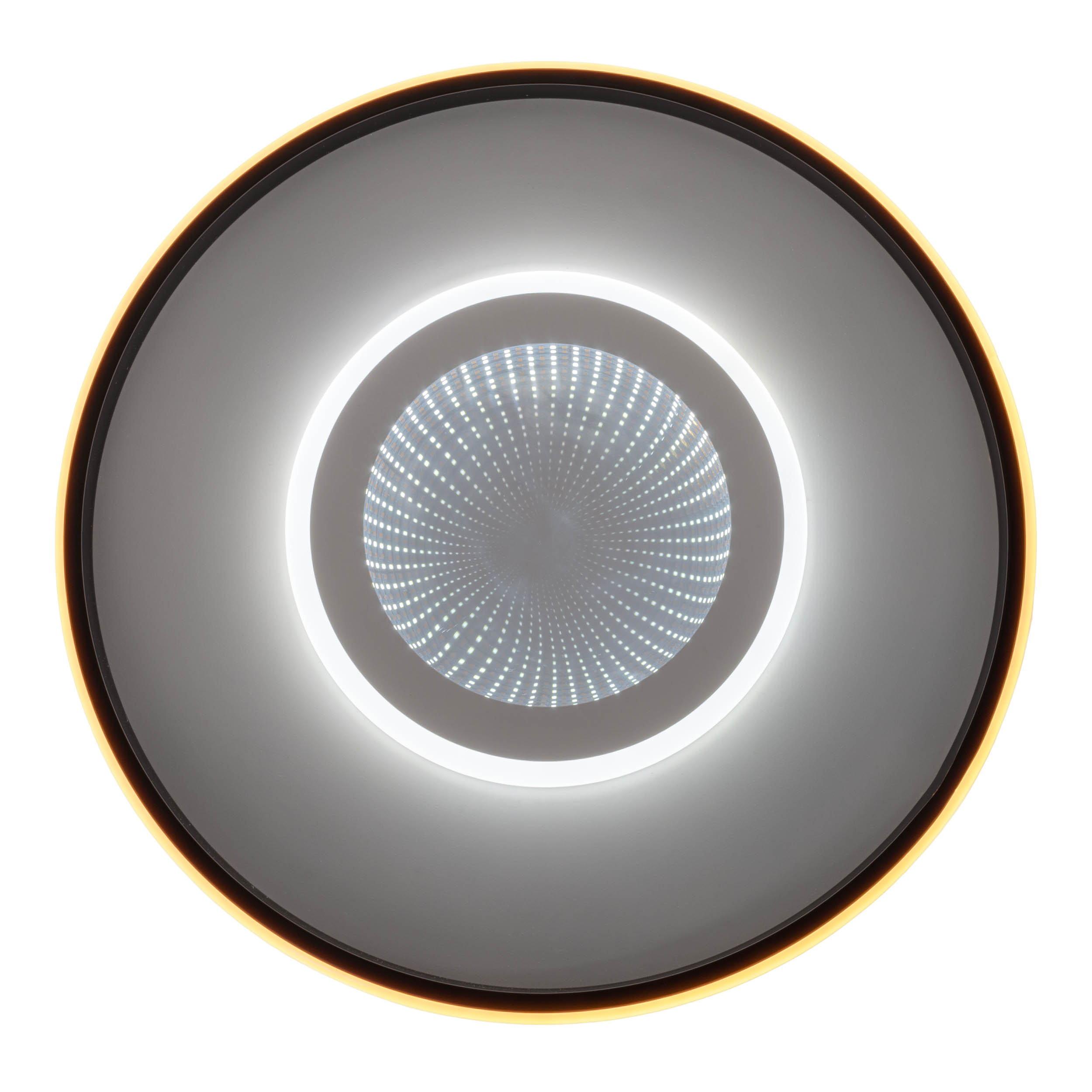 Runde LED-Deckenleuchte mit weiß-gelbem Design, weißer Hintergrund.