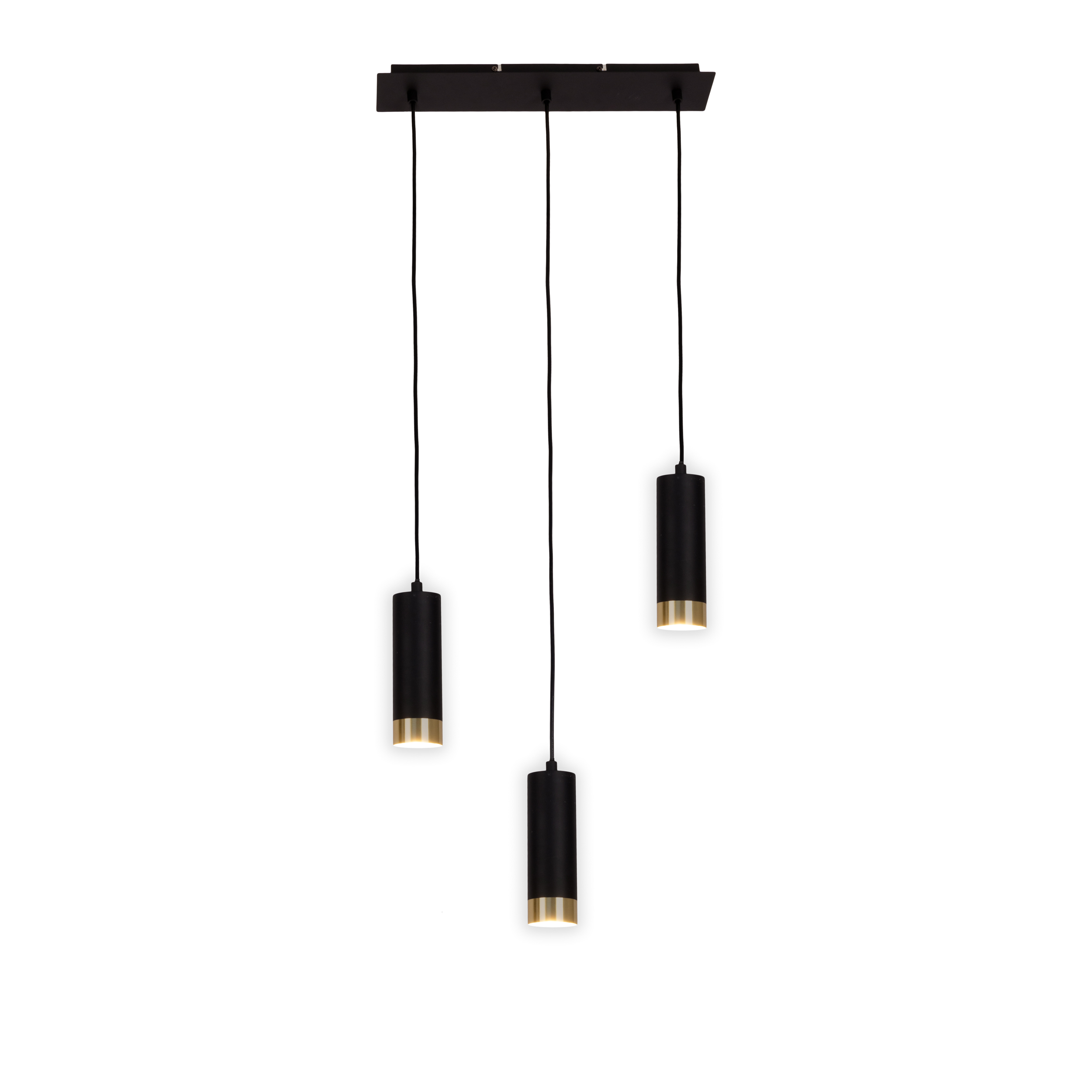 Drei schwarze Pendelleuchten mit goldenen Akzenten hängen von einer weißen Decke.
