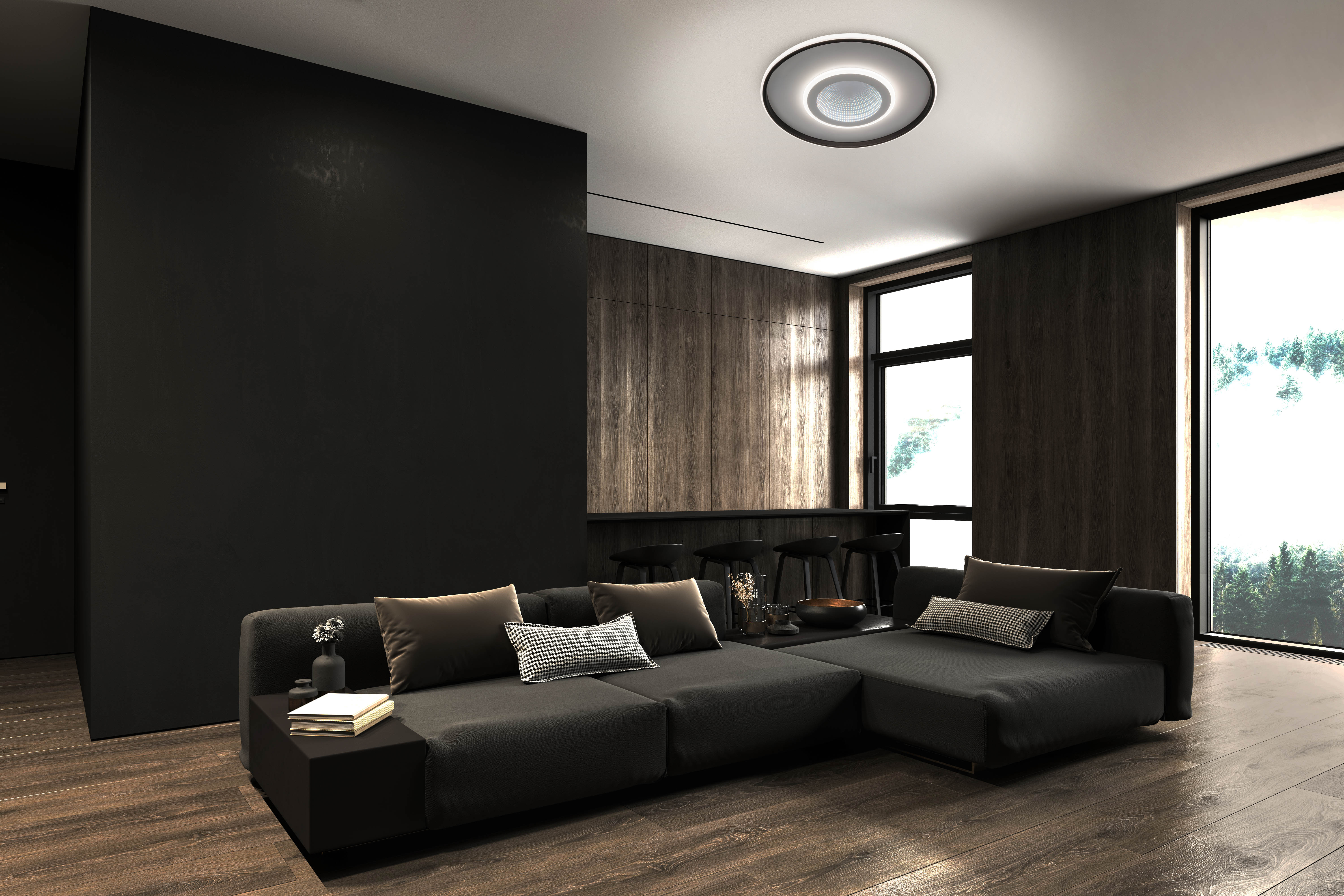 Modernes Wohnzimmer mit schwarzem Sofa, Holzböden, dunklen Wänden und Deckenleuchte.