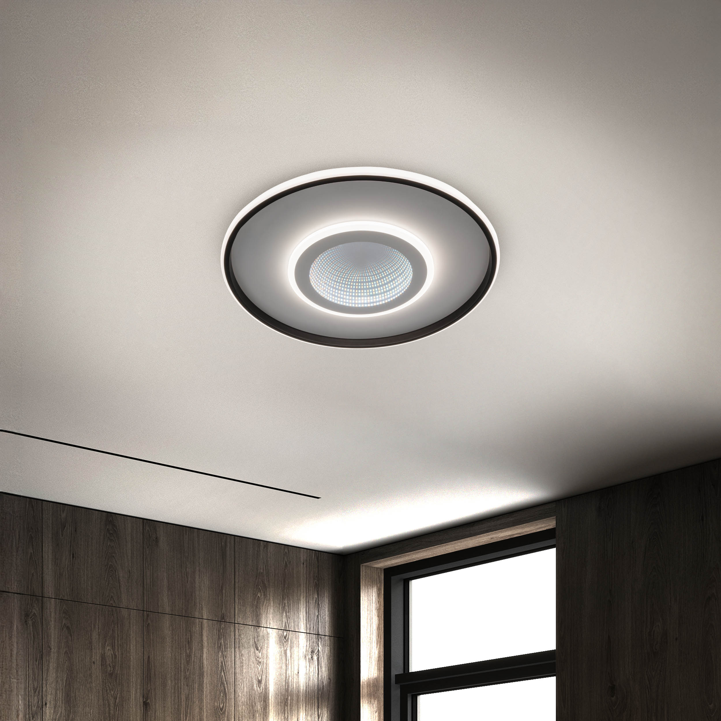 Eine Deckenleuchte mit zentraler Lichtquelle und schwarzem Ring.