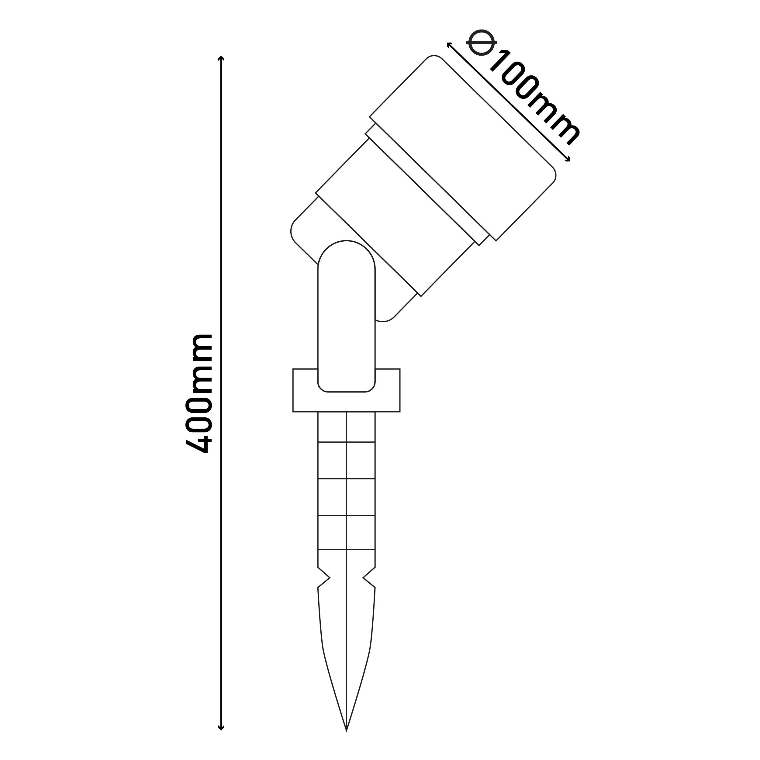Strichzeichnung eines Außenstrahlers. Abmessungen: 400 mm hoch, 100 mm Durchmesser.