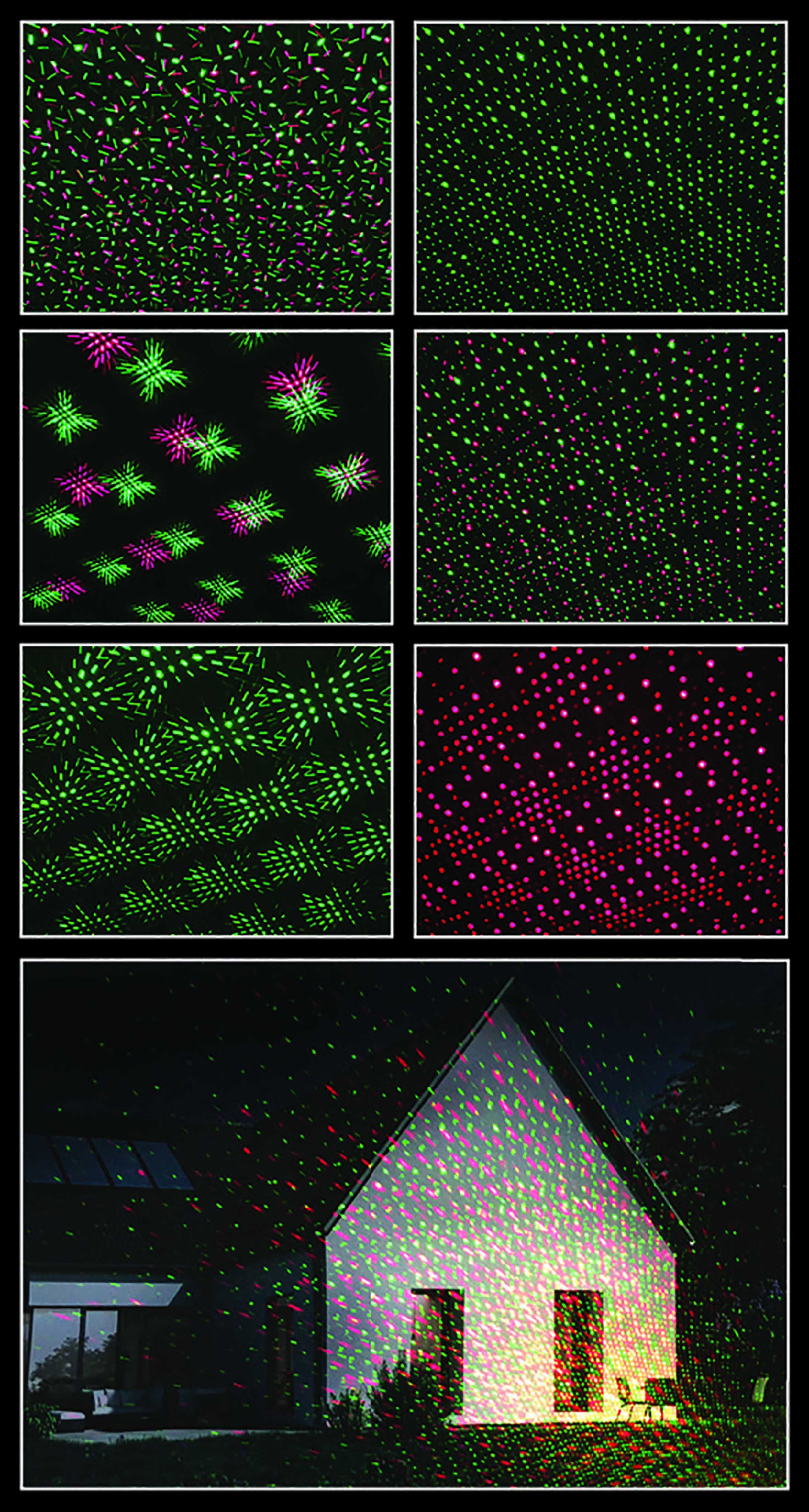 Bilder von Laserlichtern, die Muster auf dunklem Hintergrund und auf einem Haus zeigen.