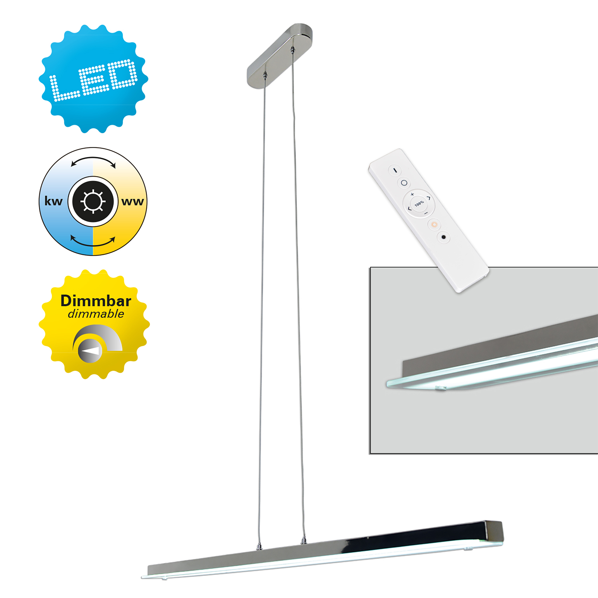Moderne Hängeleuchte mit Fernbedienung, weißer Hintergrund, LED- und Dimmer-Icons.