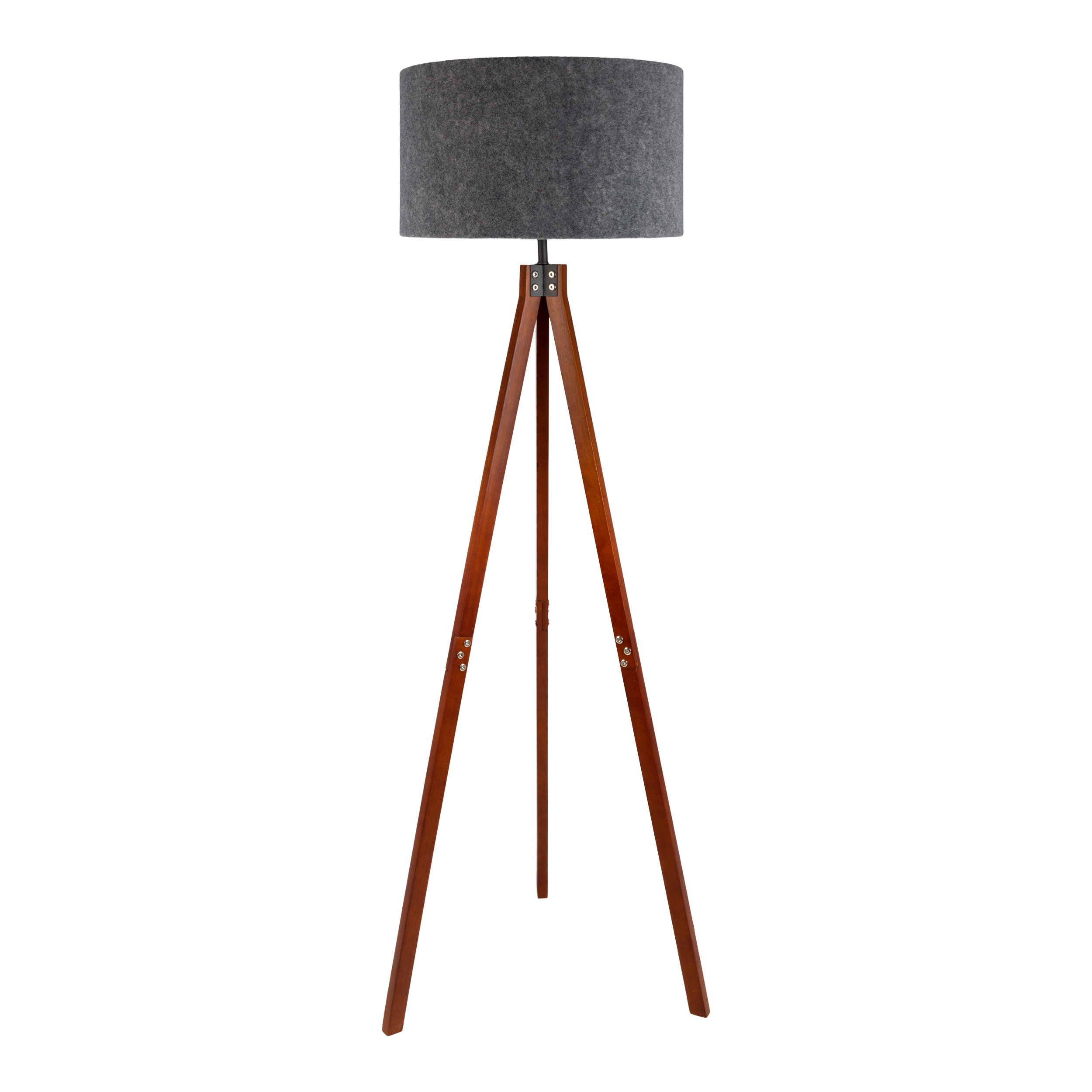 Eine hölzerne Stativ-Stehlampe mit grauem Lampenschirm, auf weißem Hintergrund.