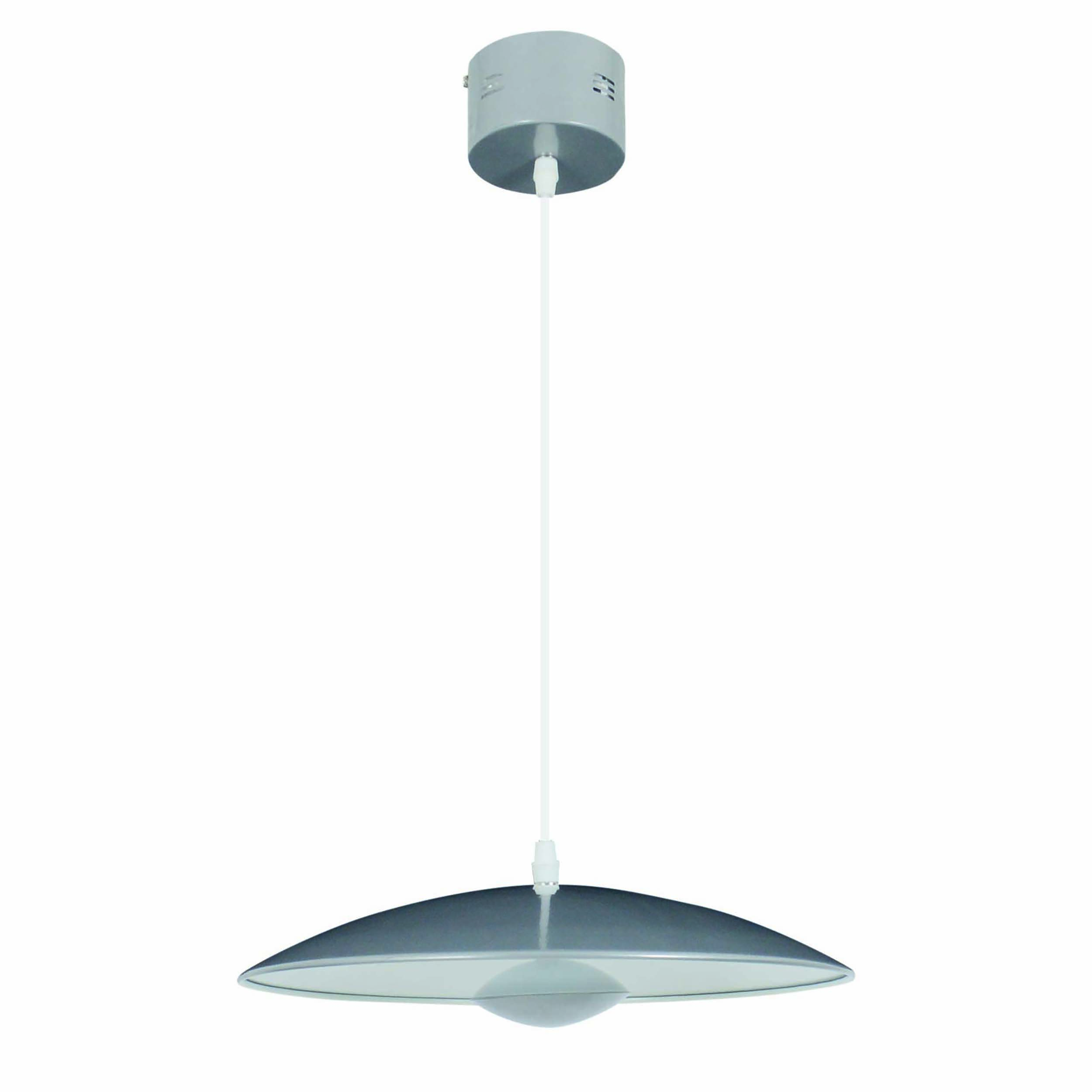 Graue Pendelleuchte hängend. Es ist eine scheibenförmige Lampe mit weißer Unterseite.