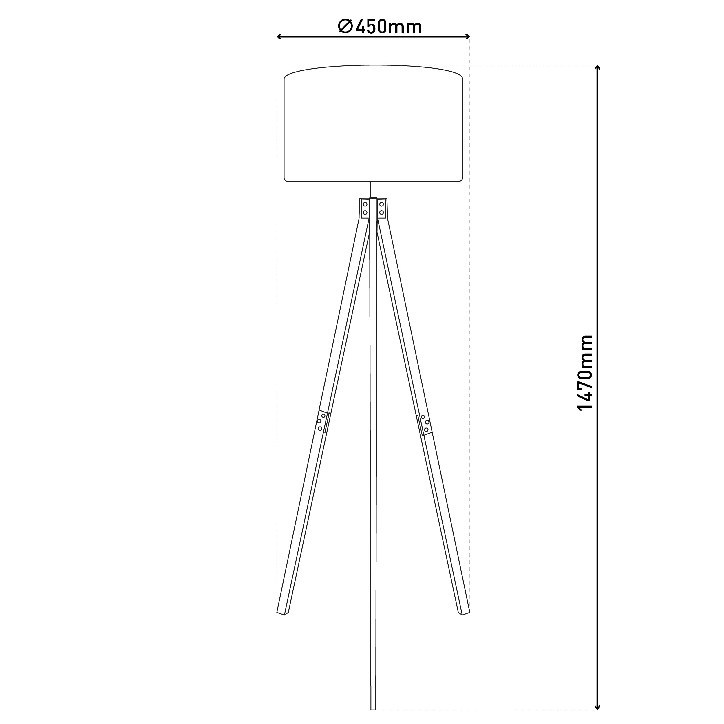 Strichzeichnung einer Stehlampe mit Abmessungen. Schirm 450mm, Höhe 1470mm.