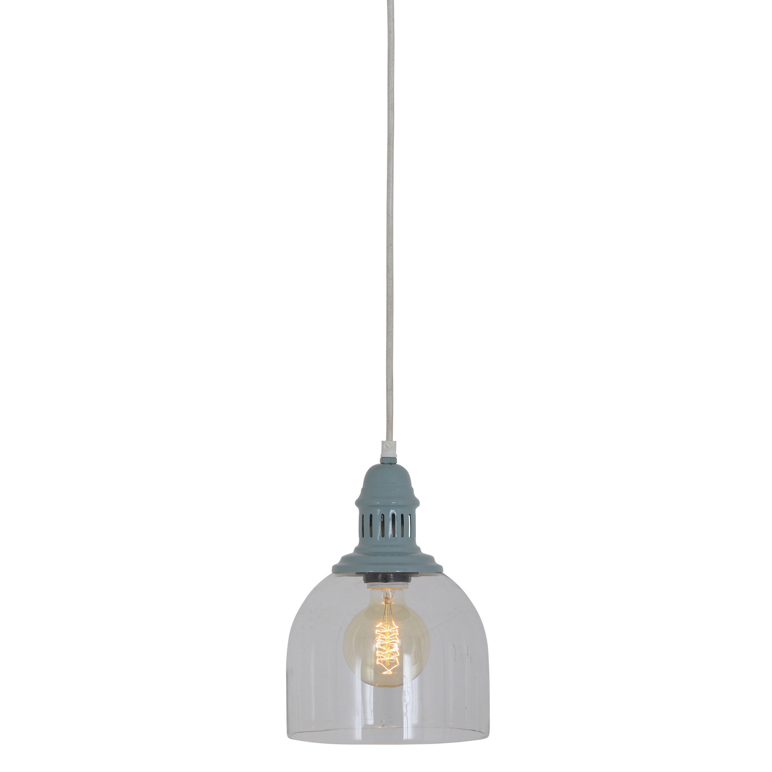 Hängelampe mit klarem Glasschirm und blauer Halterung, von weißer Decke hängend.