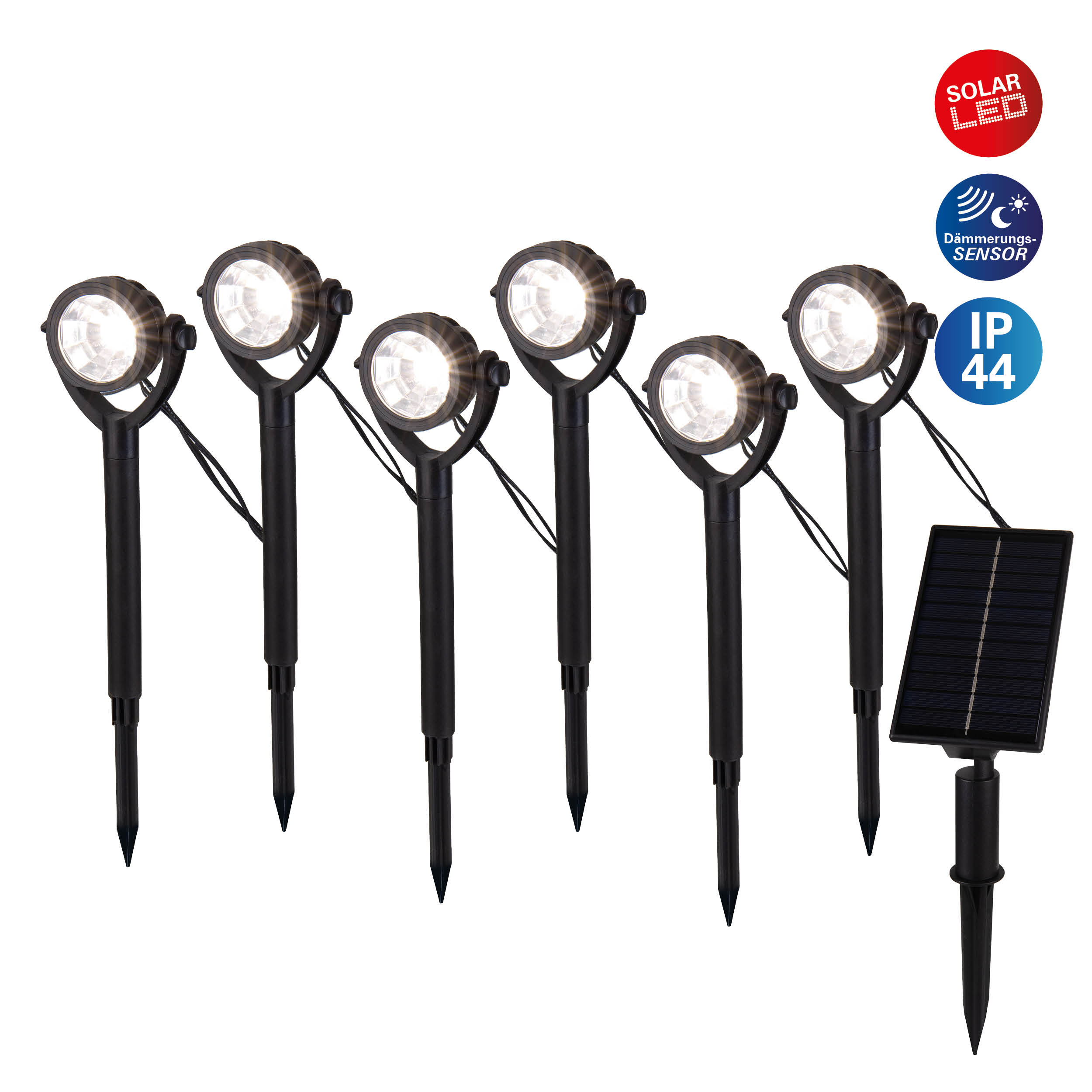 Sechs schwarze Solar-Gartenleuchten mit weißem Licht auf weißem Hintergrund.