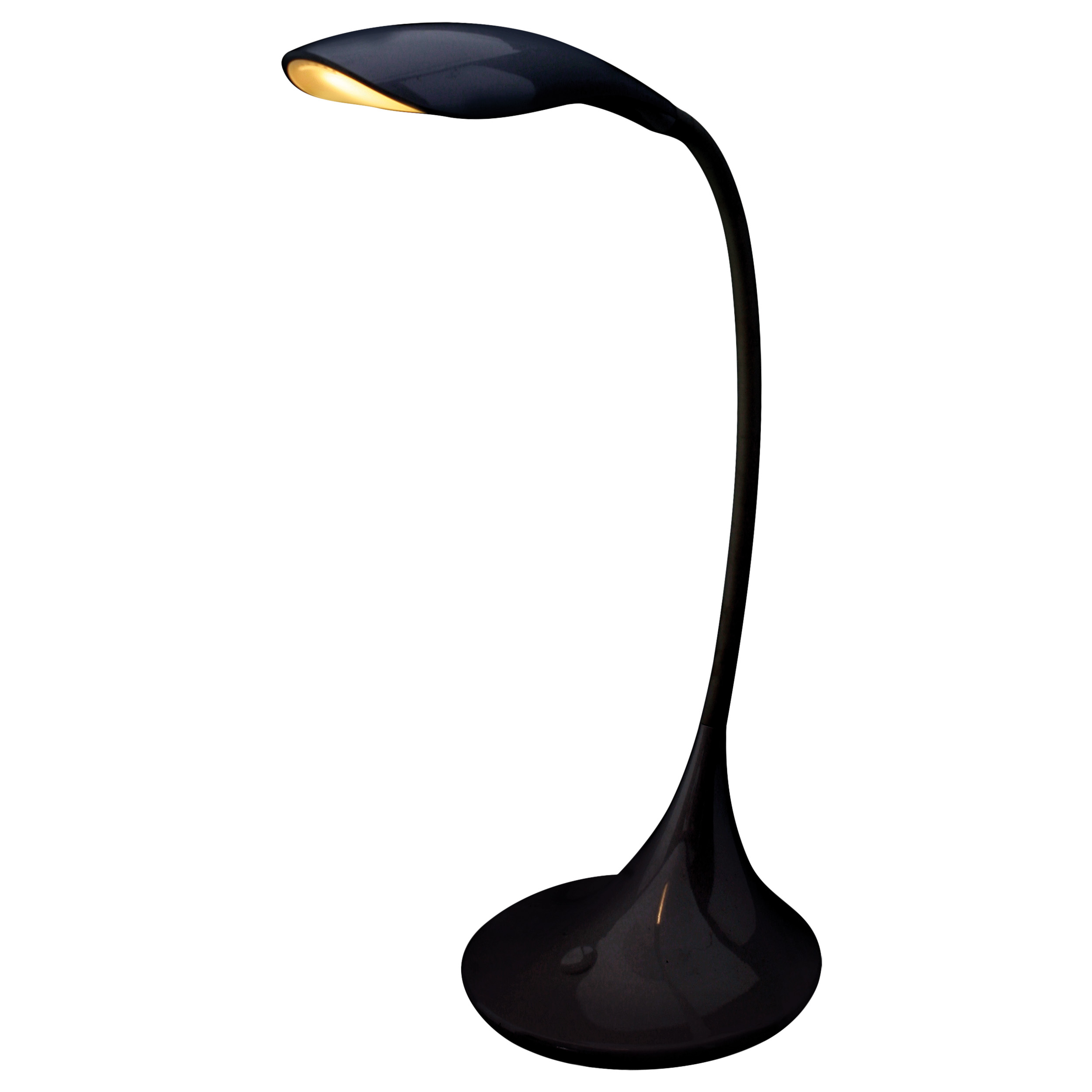 Eine schwarze Schreibtischlampe mit gebogenem Hals und Sockel.