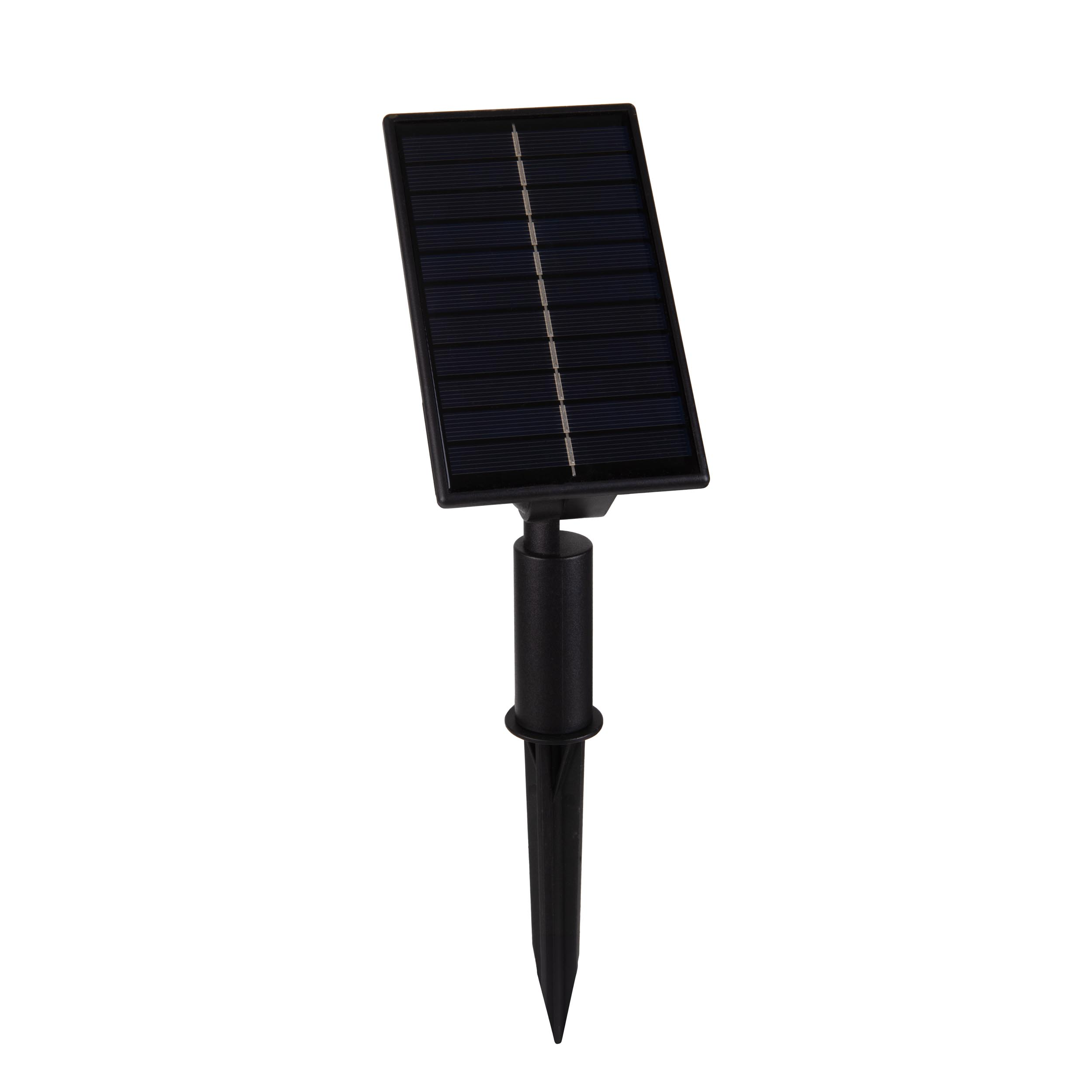 Ein kleines Solarpanel mit einem schwarzen Pfahl zur Bodeneinführung. Es ist auf weißem Hintergrund.