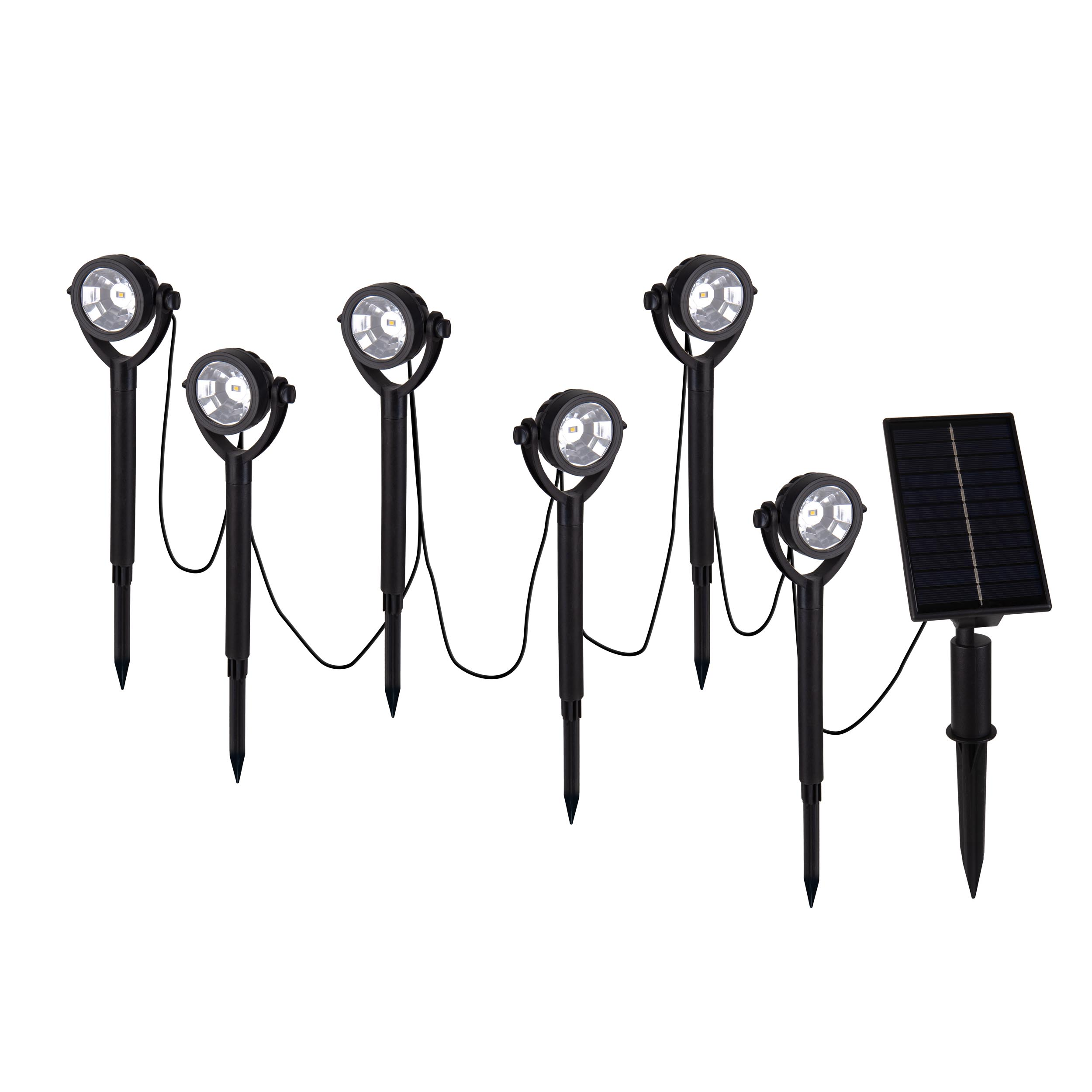 Set schwarzer Outdoor-Spots mit Pfählen, verbunden mit einem Solarpanel, weißer Hintergrund.