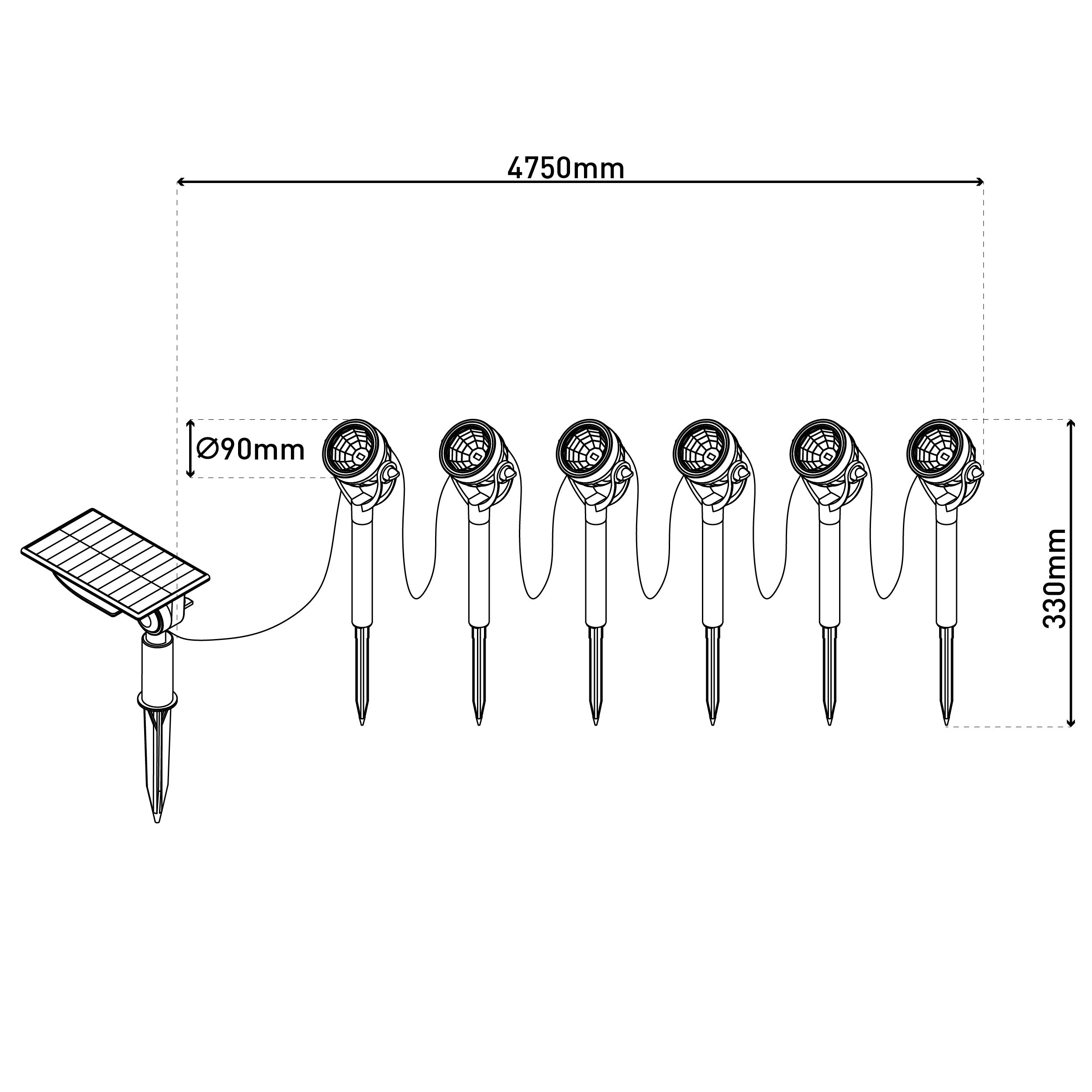 Ein Diagramm von sechs schwarzen Strahlern und einem Solarpanel mit Abmessungen in mm.