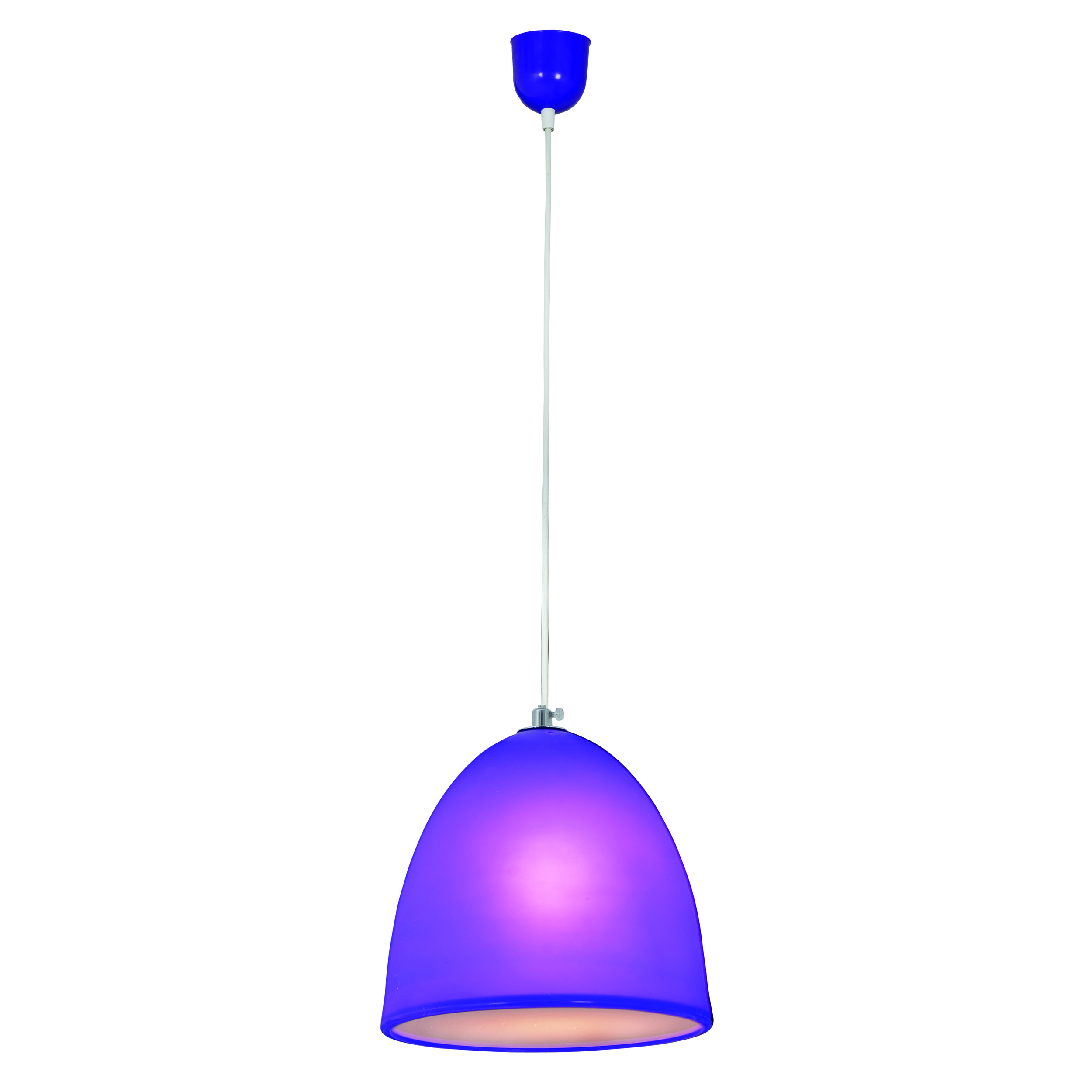 Violette Pendelleuchte mit rundem Schirm, an weißem Kabel hängend.
