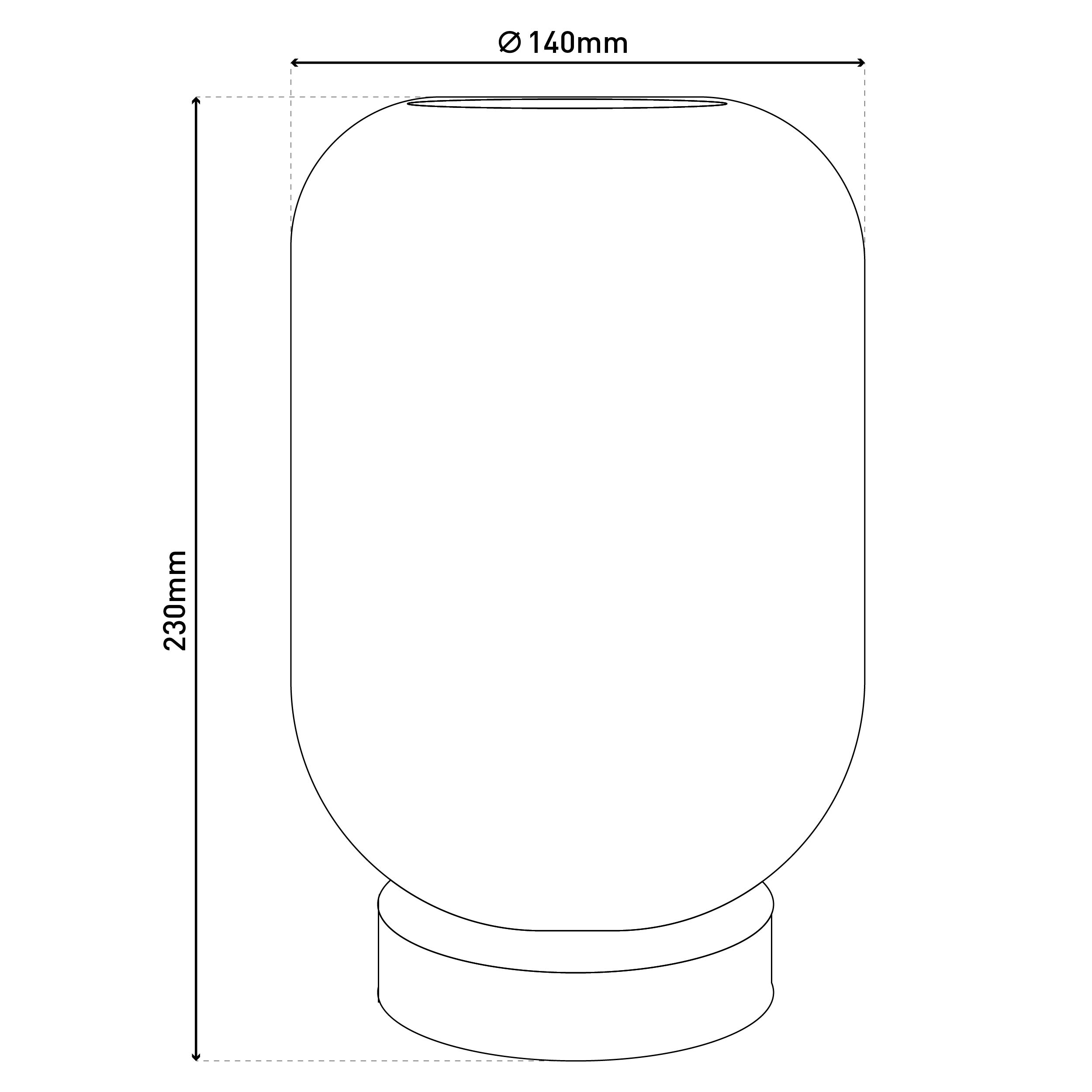 Weißlinienskizze einer zylindrischen Lampe mit Abmessungen: Höhe 230 mm, Durchmesser 140 mm.