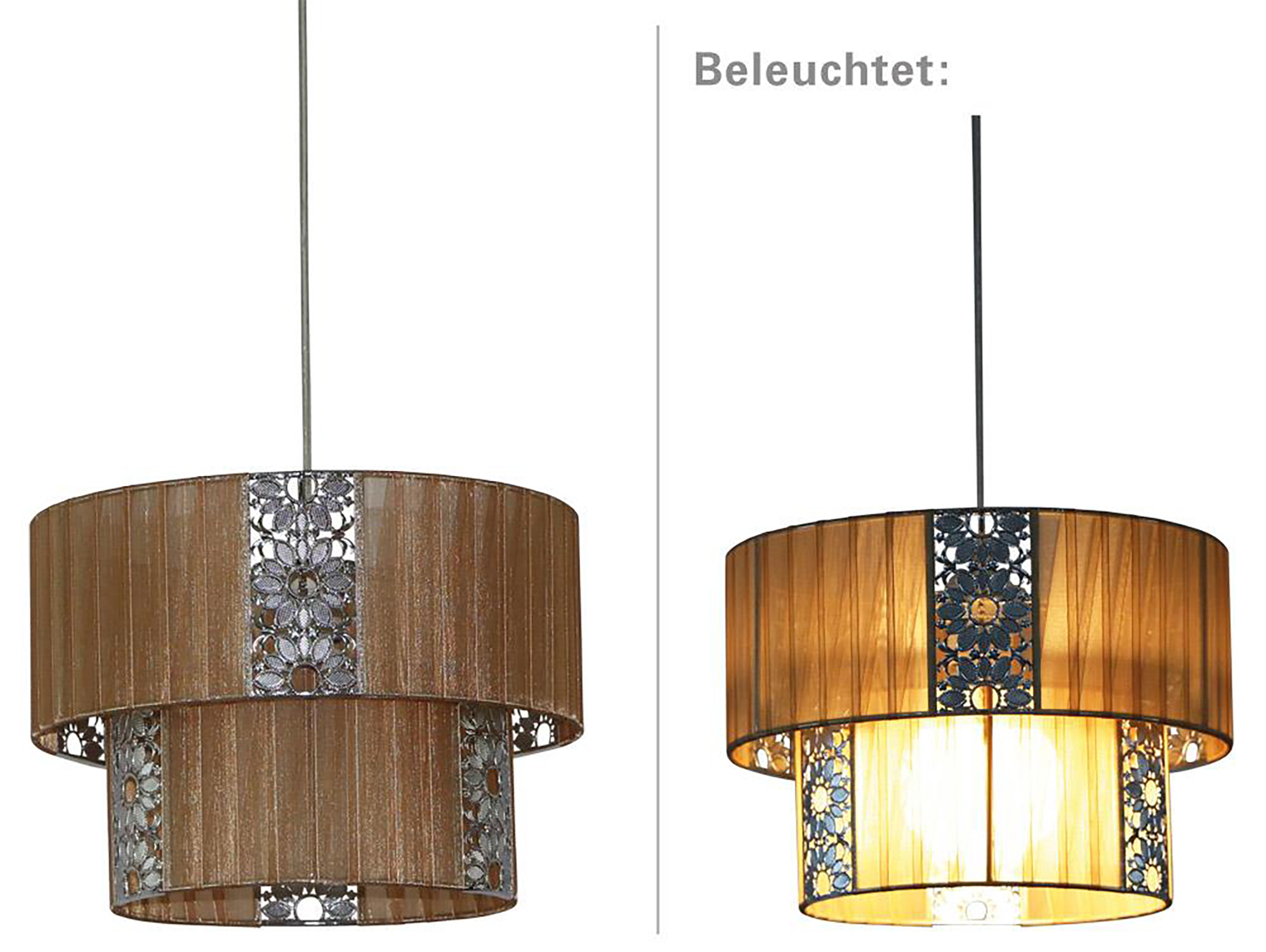 Zwei Lampen, eine aus und eine an, beide mit braunen Stoffschirmen mit floralen Ausschnitten und hängen an der Decke.