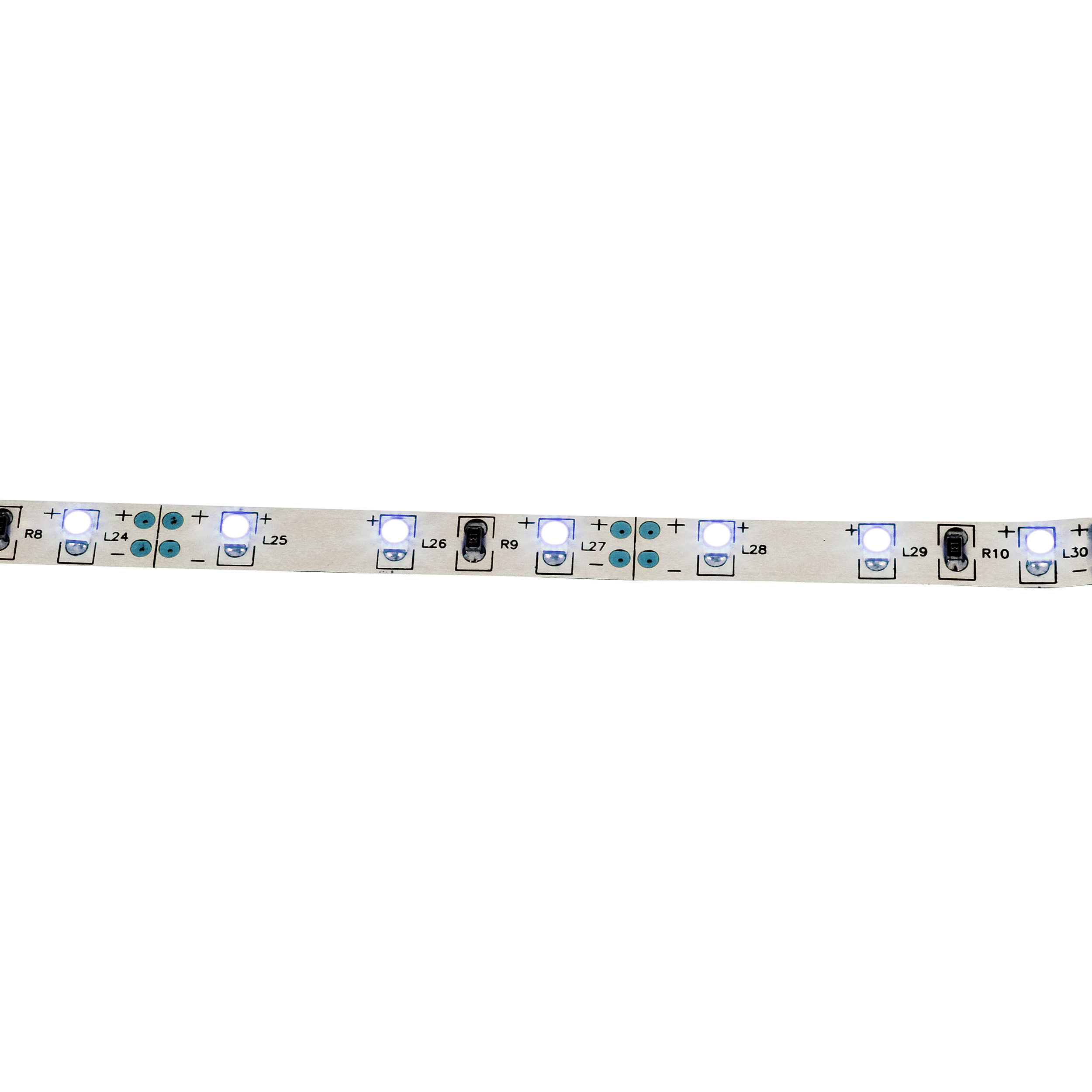 Ein dünner LED-Streifen mit weißen Lichtern. Der Streifen hat abwechselnde positive und negative Markierungen.
