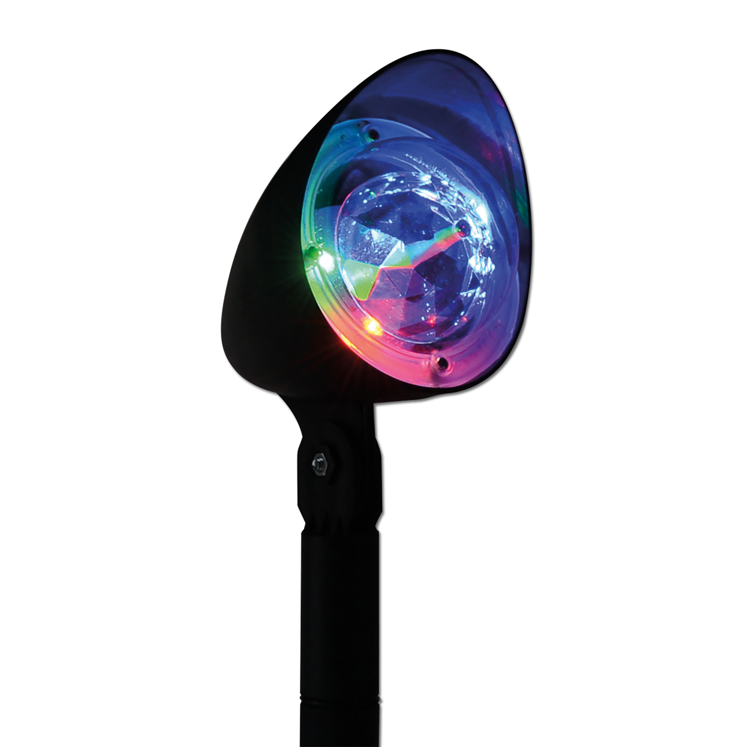 Schwarzer Strahler mit farbenfrohem Licht, das von einer Glaslinse ausgeht.