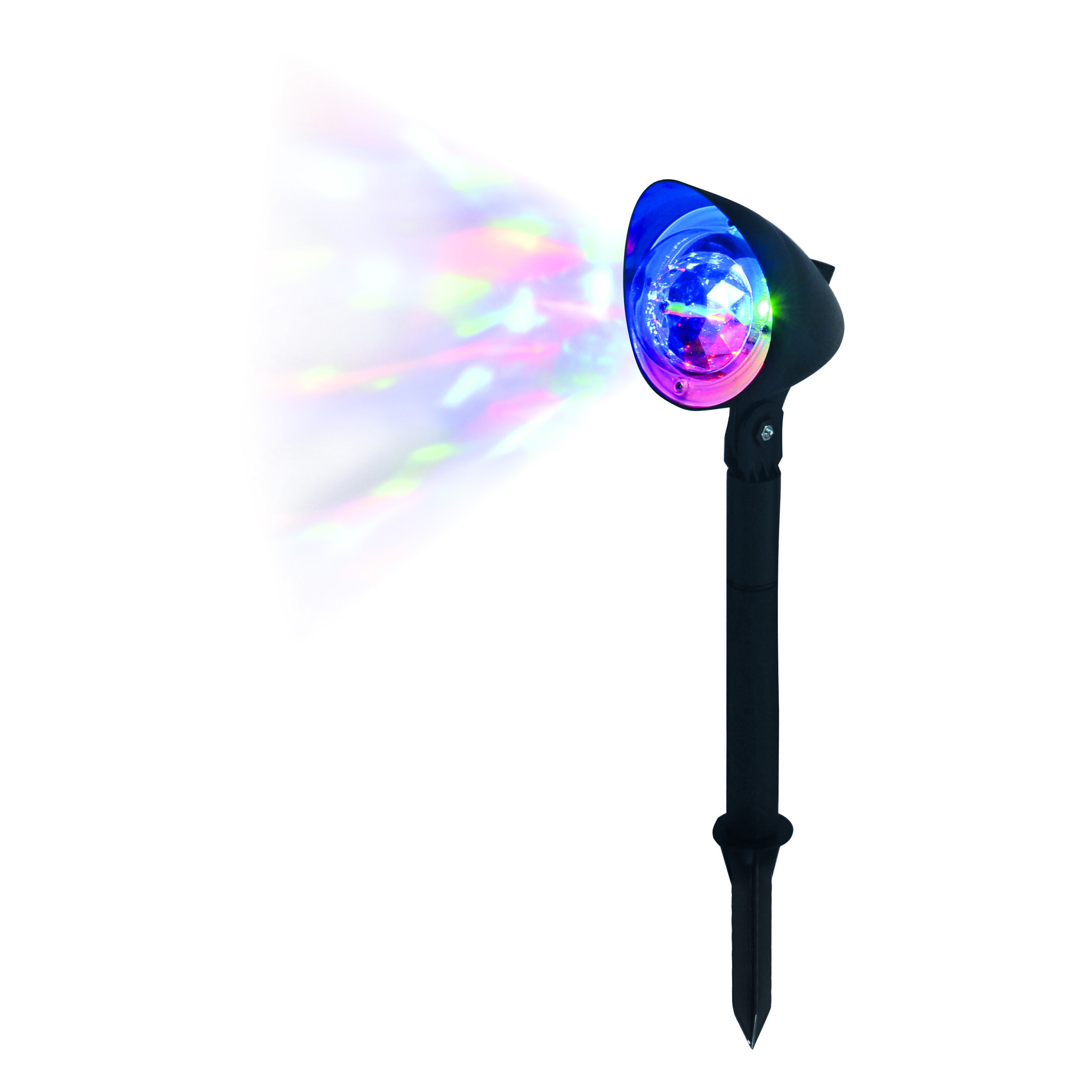 Schwarzer Outdoor-Scheinwerfer mit farbigen Lichtstrahlen, isoliert auf Weiß.