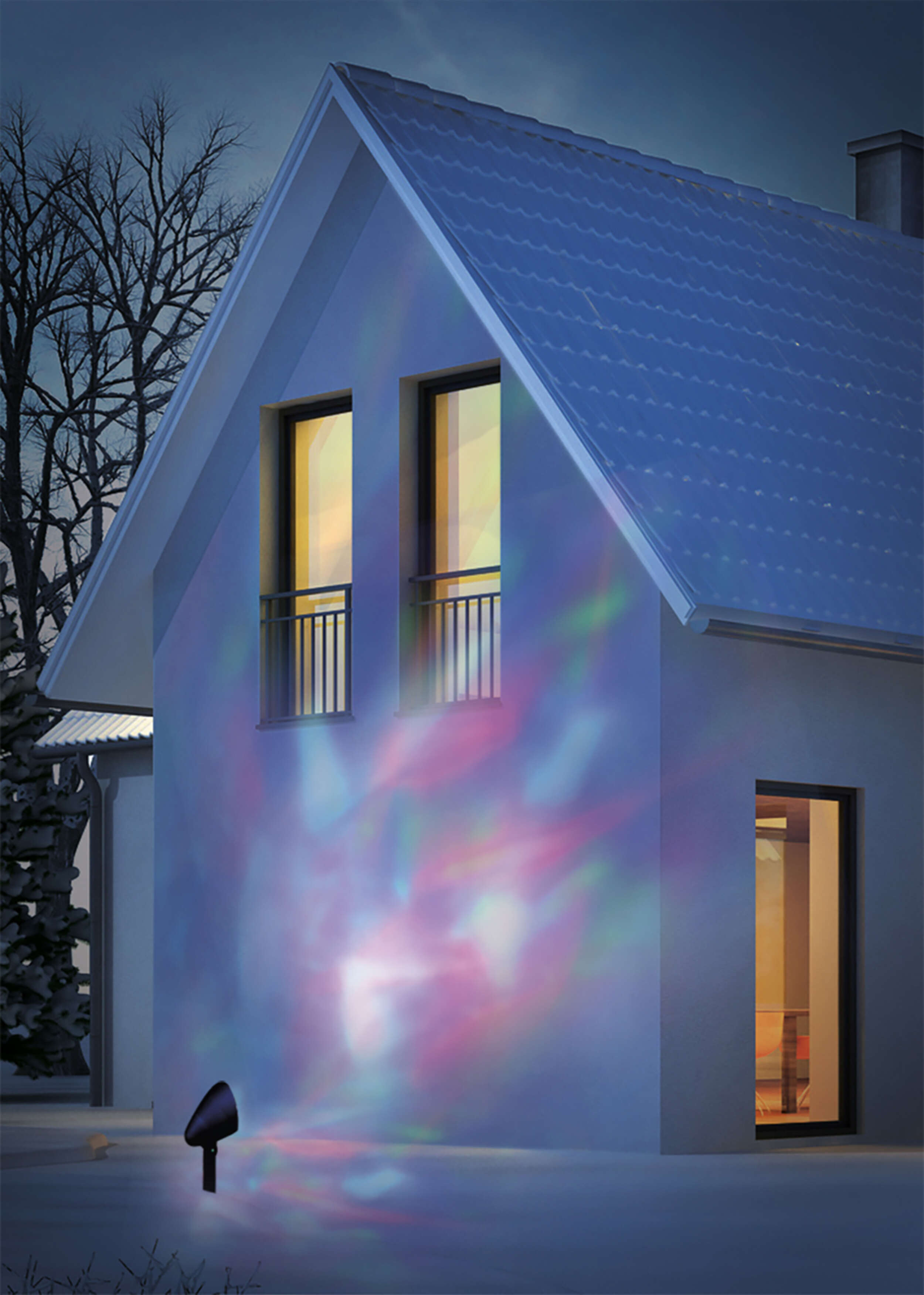 Hausfassade beleuchtet von einem farbenfrohen Lichtprojektor bei Nacht.
