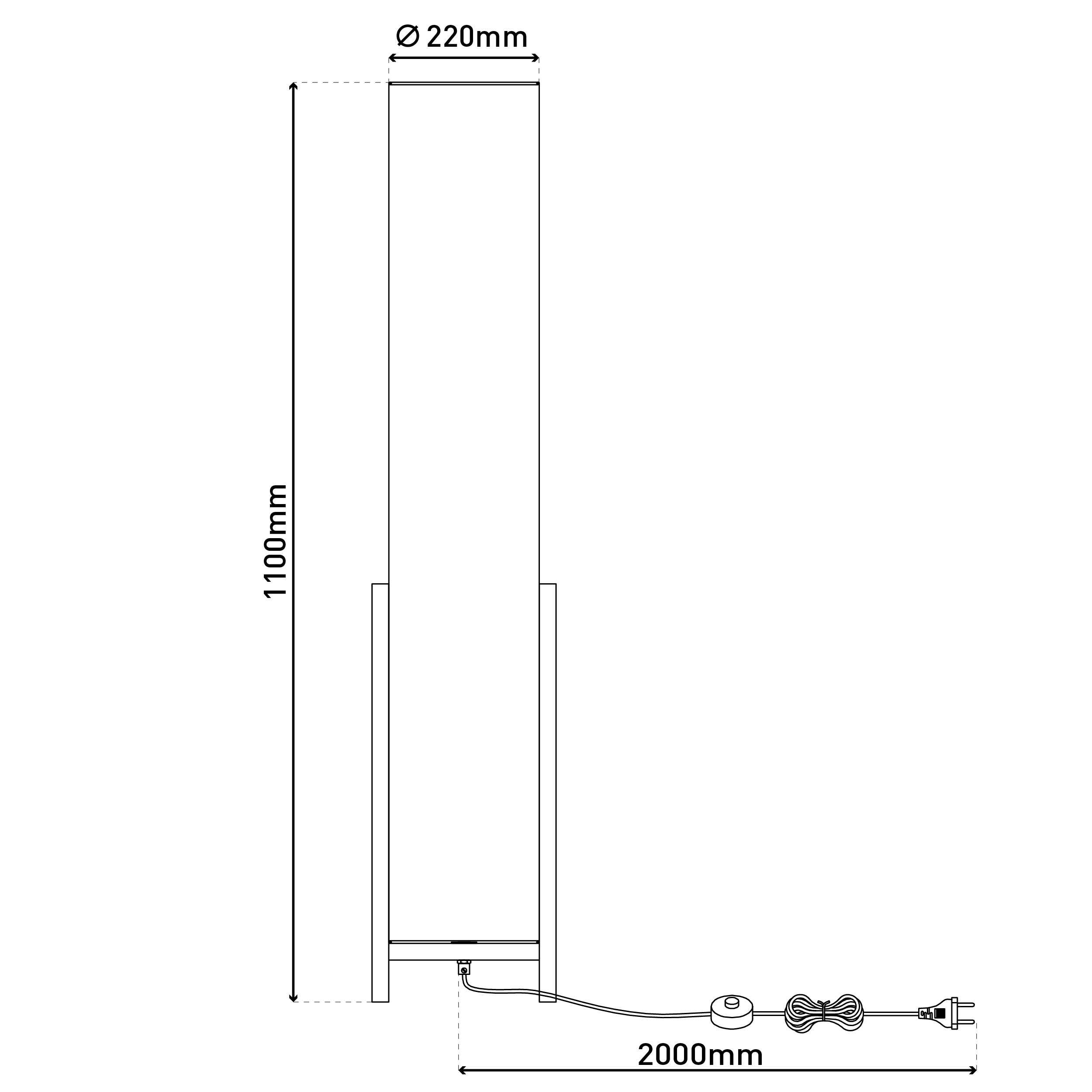 Ein Diagramm einer hohen weißen Lampe mit Maßen in Millimetern.
