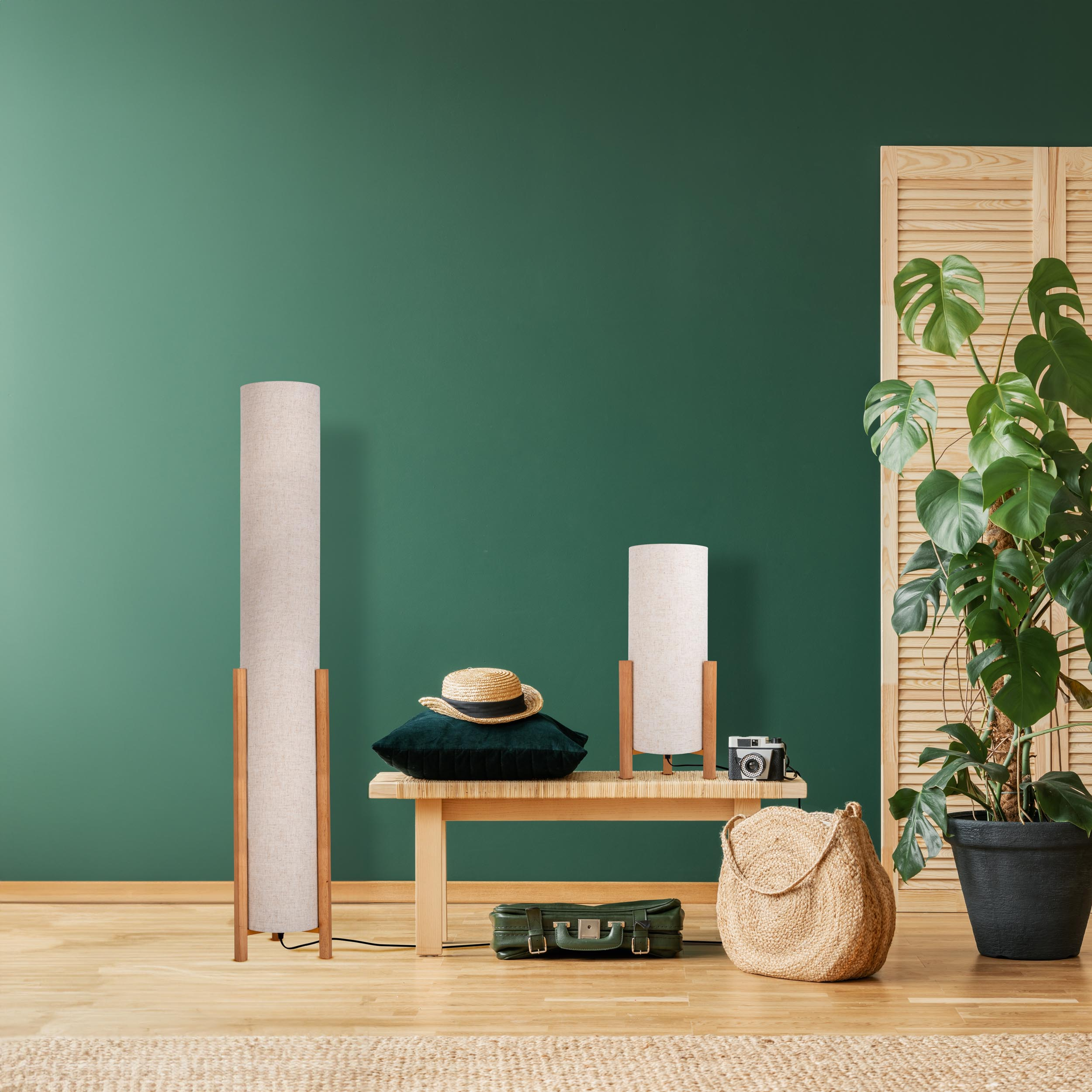 Interieur mit Lampen, Bank, Hut, Kissen, Koffer, Tasche und Pflanze, grüne Wand.