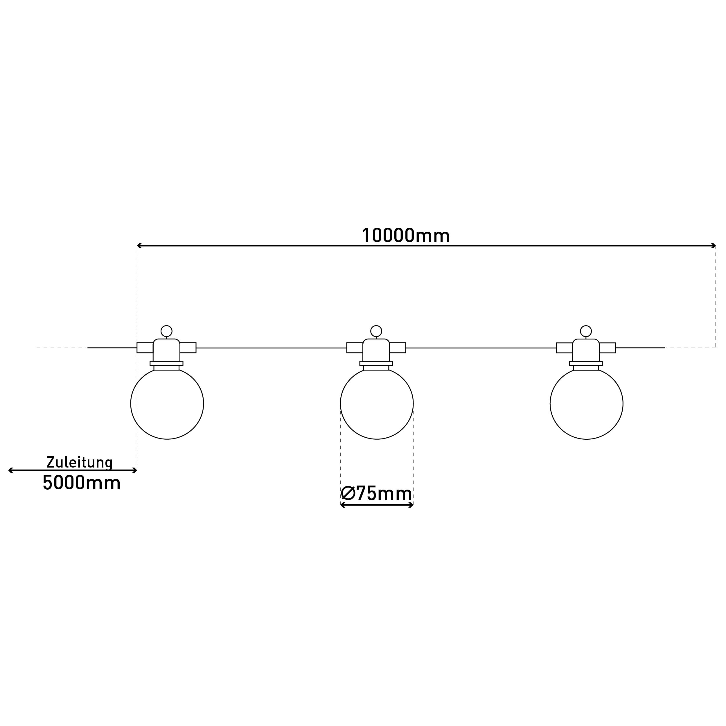 Ein Diagramm von drei runden Lichtern, mit Abmessungen beschriftet. Die Linie zeigt die Länge von 10000 mm.