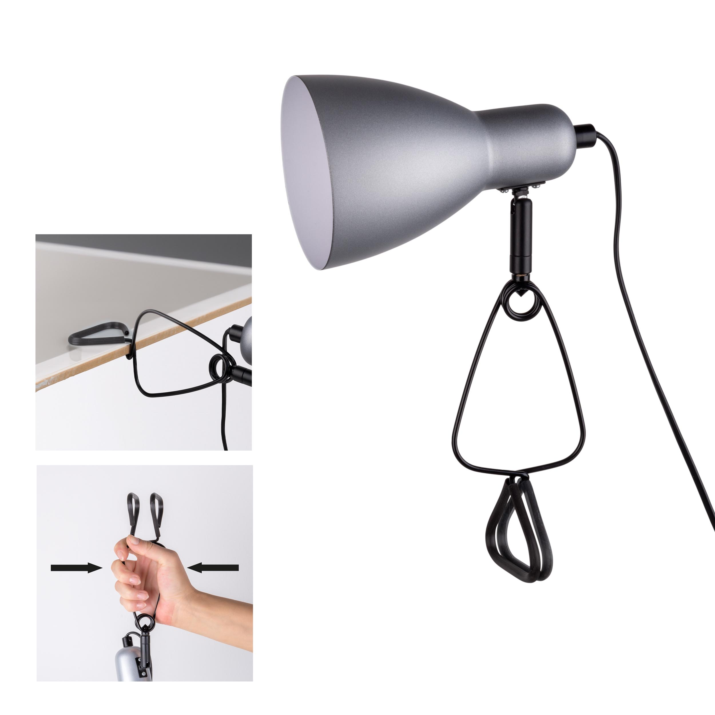 Eine graue, verstellbare Schreibtischlampe mit einer Klemme, die Nahaufnahmen des Klemmmechanismus zeigt.
