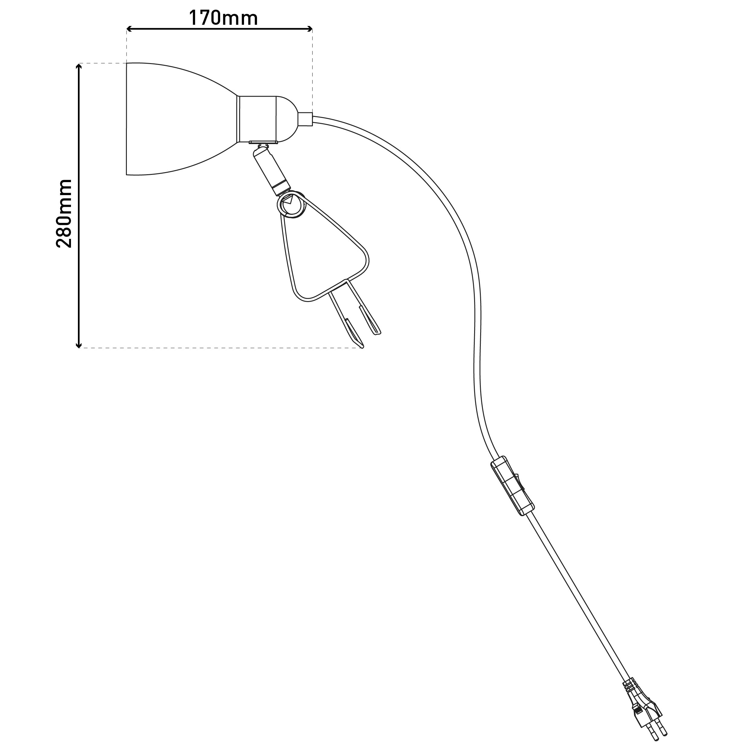 Schwarz-weiß Diagramm einer Lampe mit Maßen: 280 mm Höhe, 170 mm Breite.