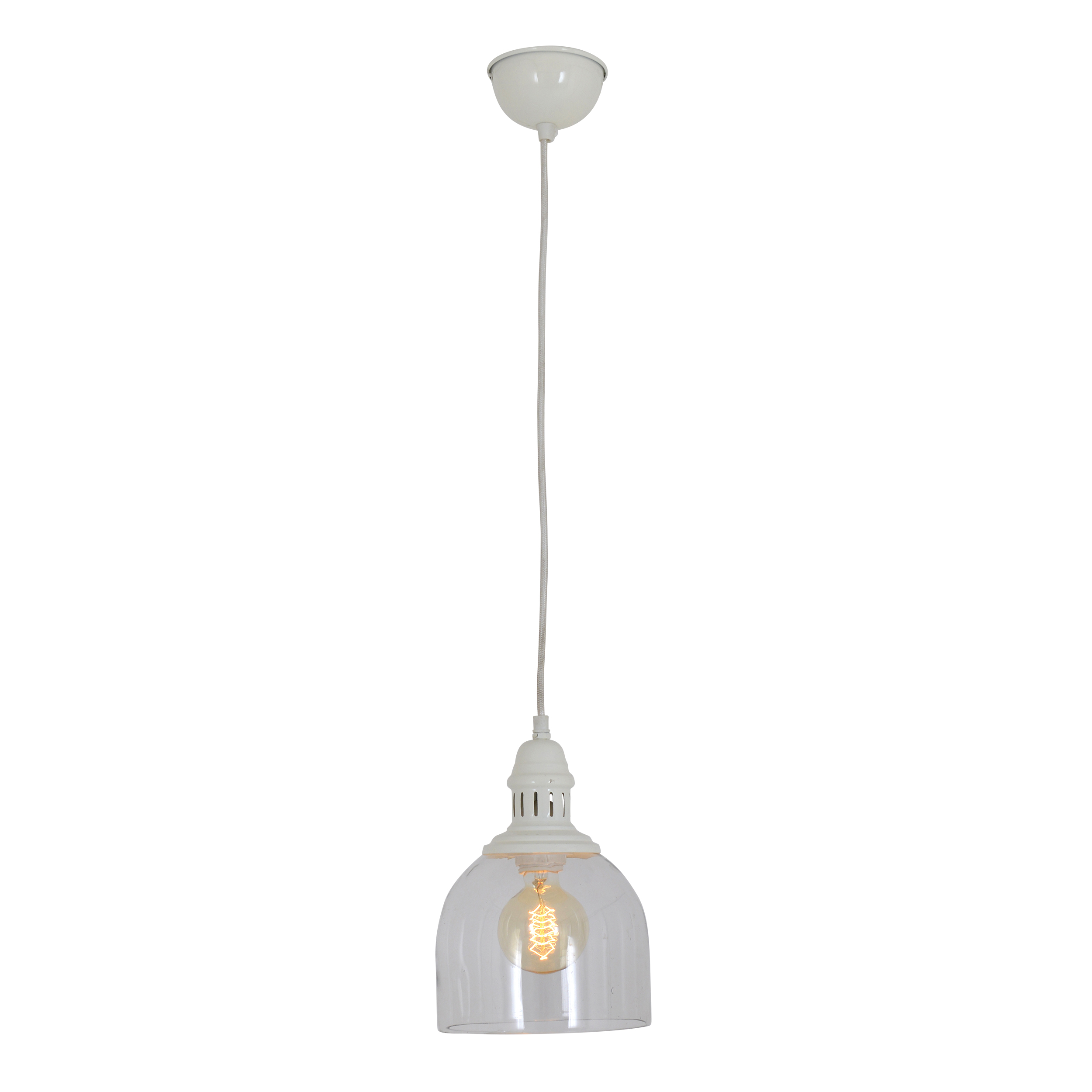 Weiße Pendelleuchte mit klarem Glasschirm, sichtbarer Glühbirne und weißem Kabel.