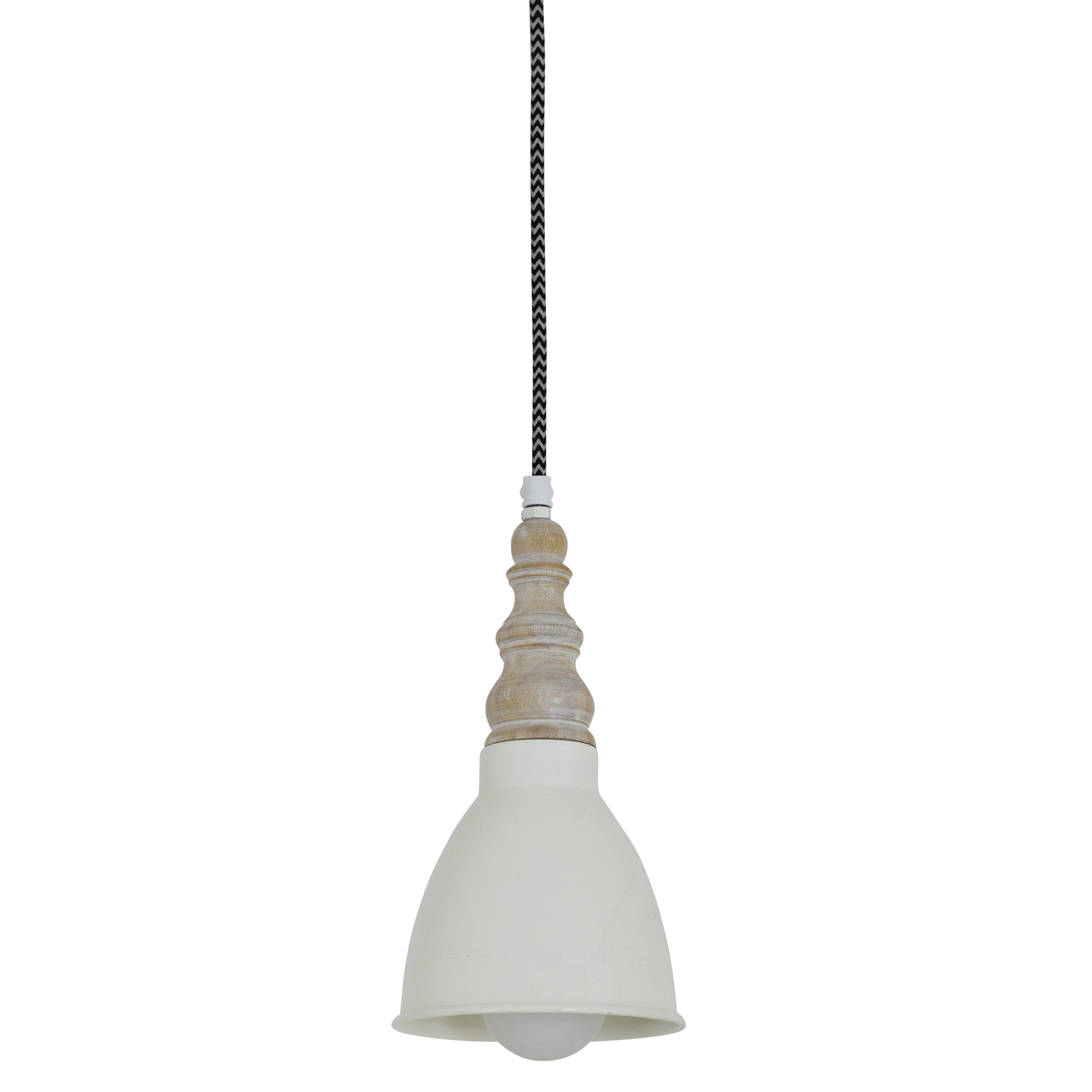 Eine weiße Pendelleuchte mit Holz- und Metalldesign, die an einem schwarz-weißen Kabel hängt.