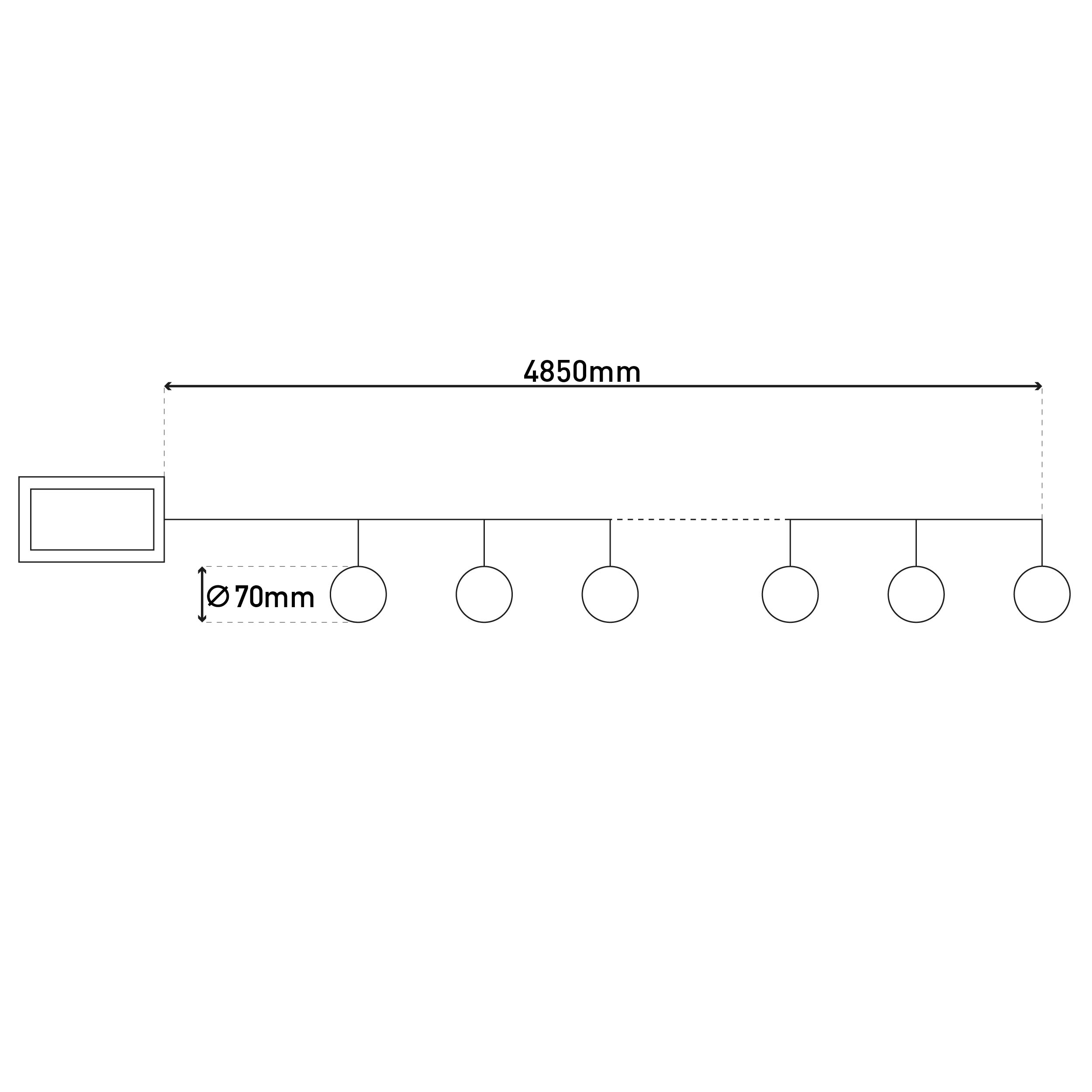 Ein Diagramm zeigt eine Reihe von 7 Kreisen, die mit einem Rechteck verbunden sind. Die Abmessung beträgt 4850 mm.