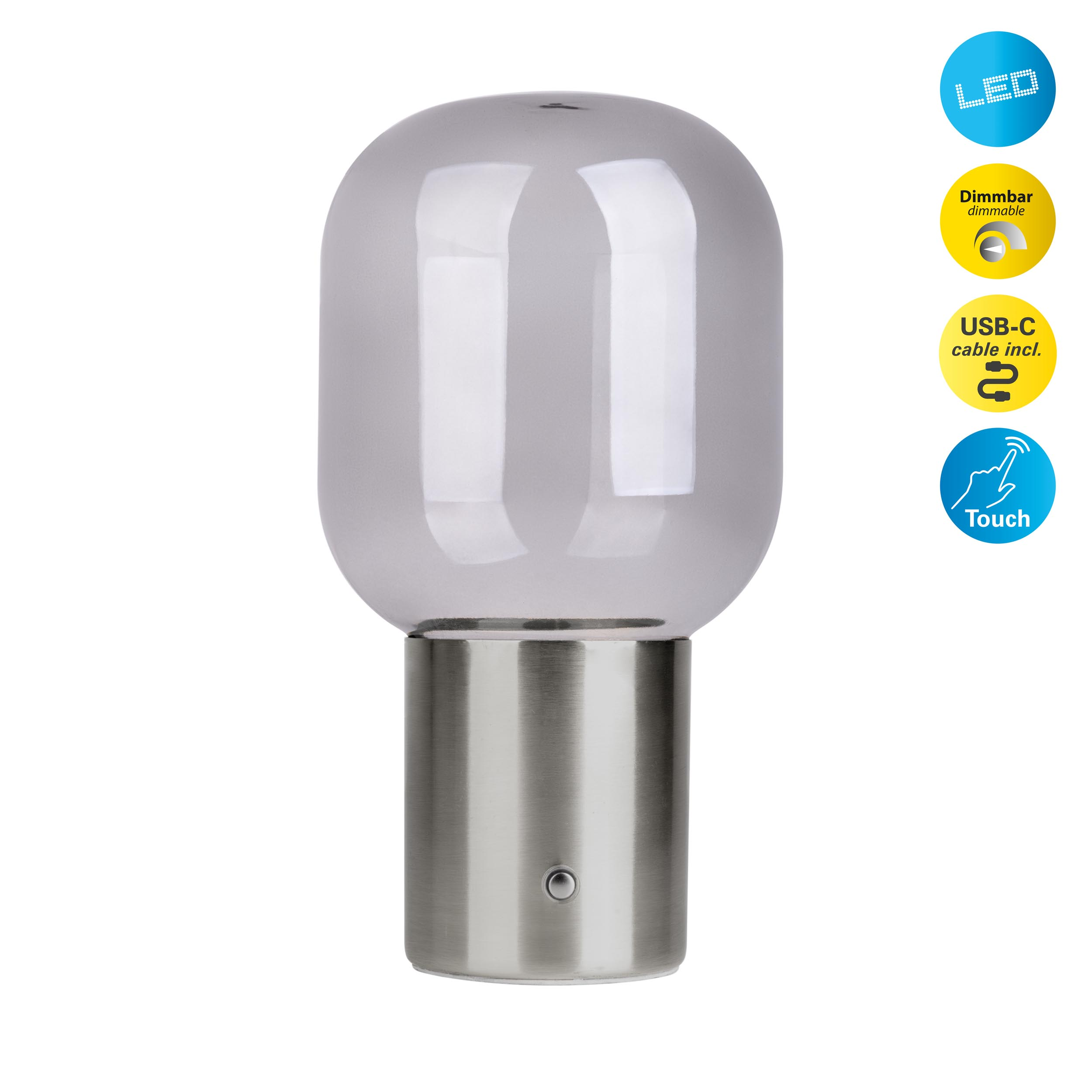 Tischlampe mit silbernem Sockel und weißem, mattiertem Leuchtmittel mit LED-, dimmbar- und USB-C-Symbolen.