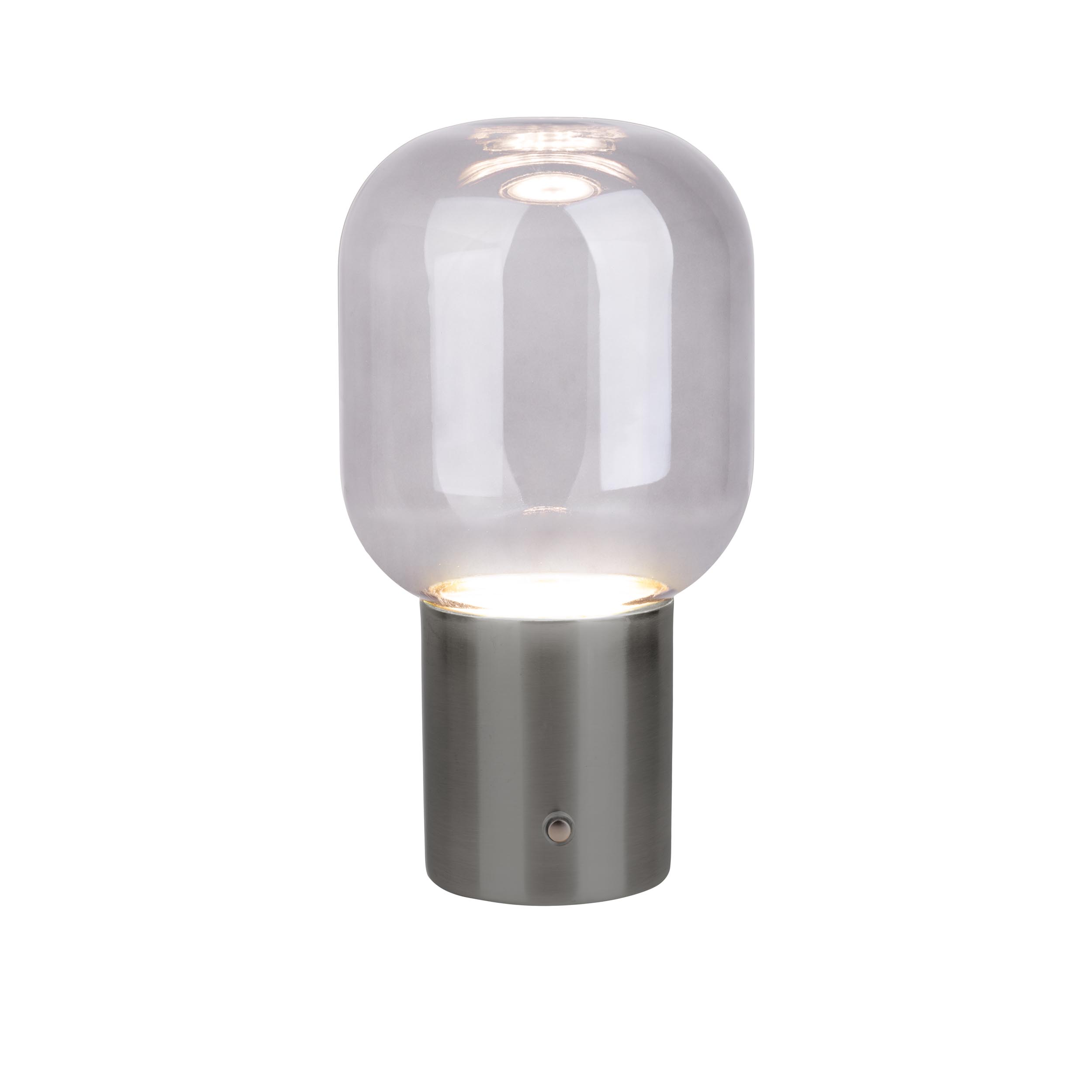 Eine moderne, klare Glas- und Silberlampe mit hellem Licht.