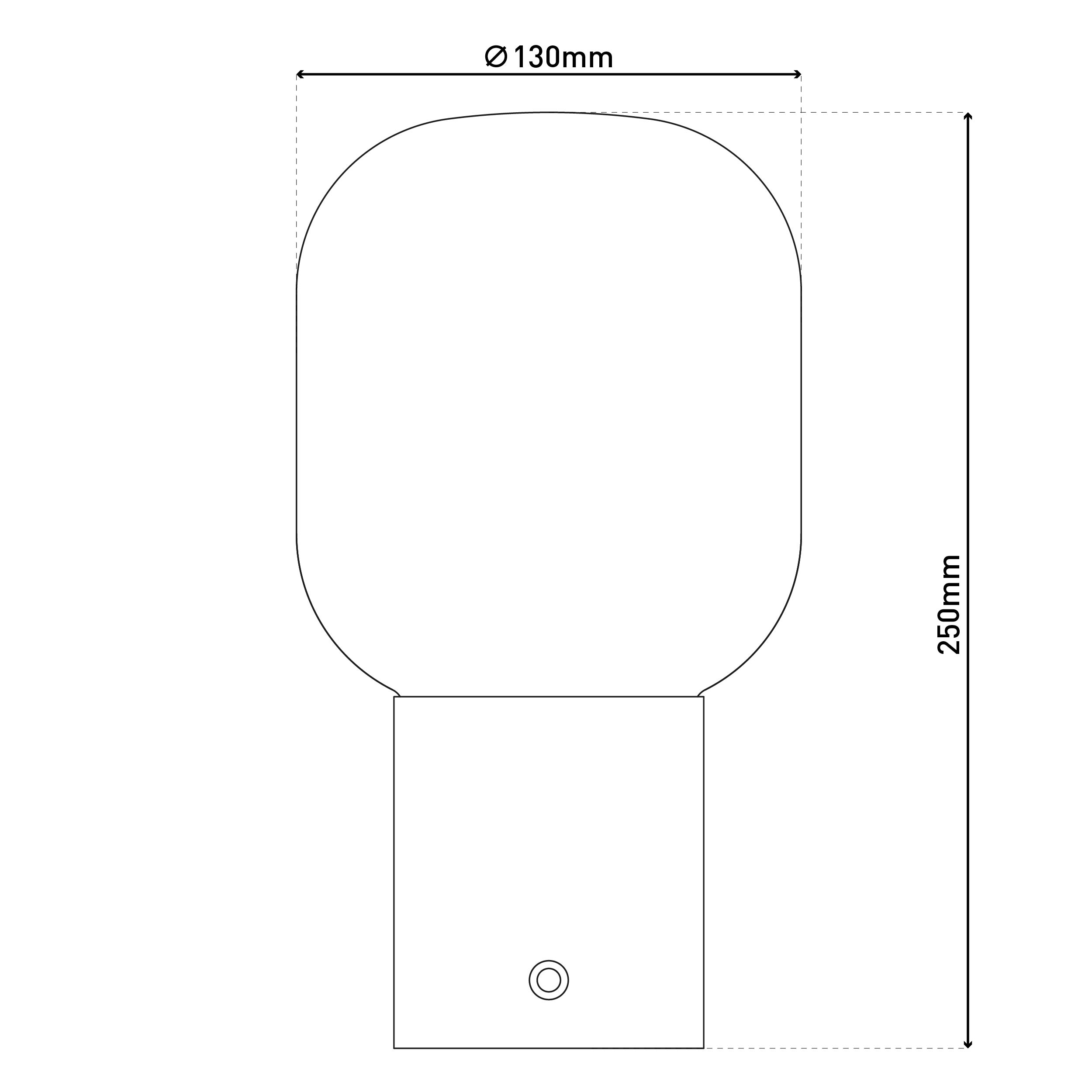 Eine Strichzeichnung einer weißen Lampe, mit den Maßen 130 mm und 250 mm.