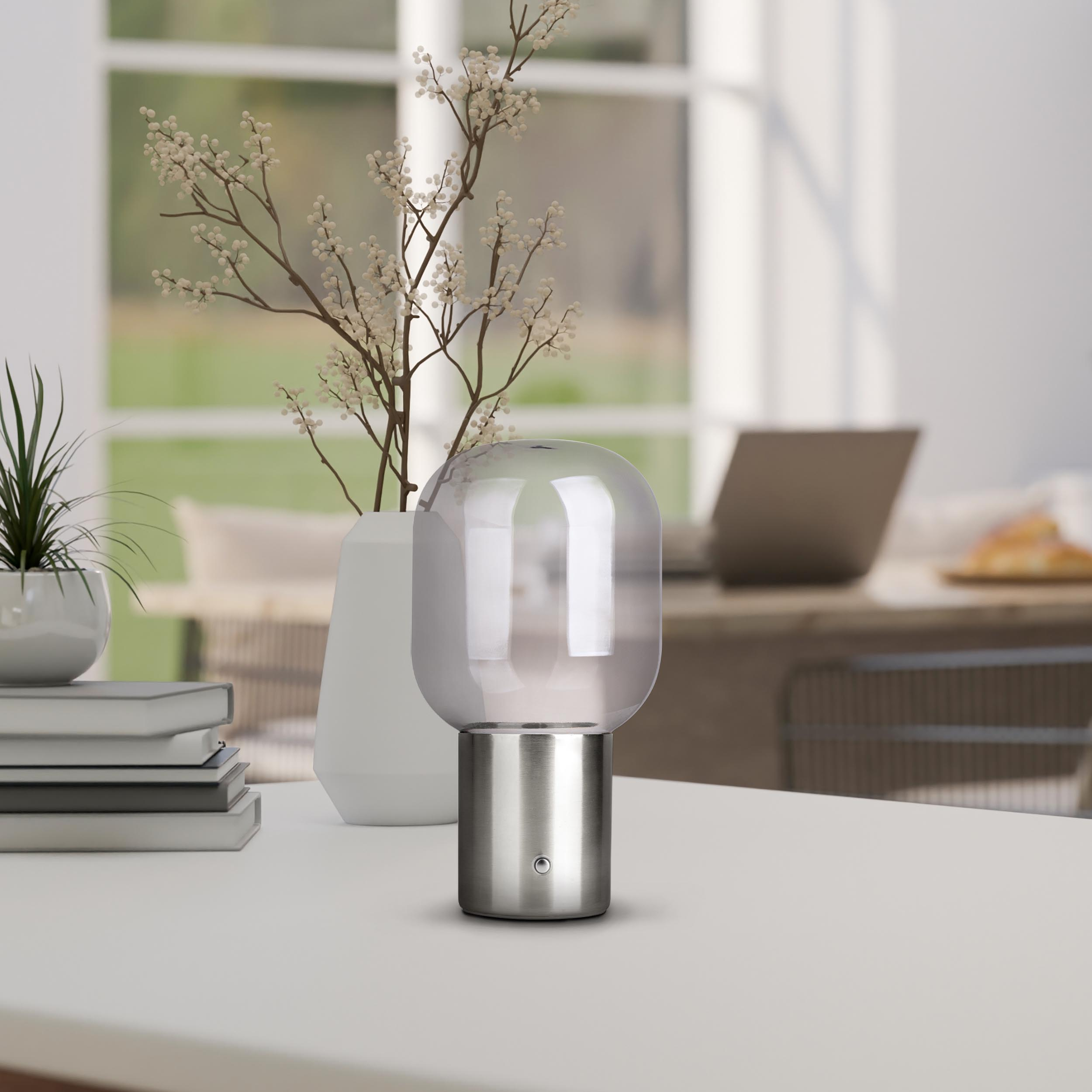 Eine silber-graue Tischlampe mit mattiertem Glasschirm, Blumen und Büchern.