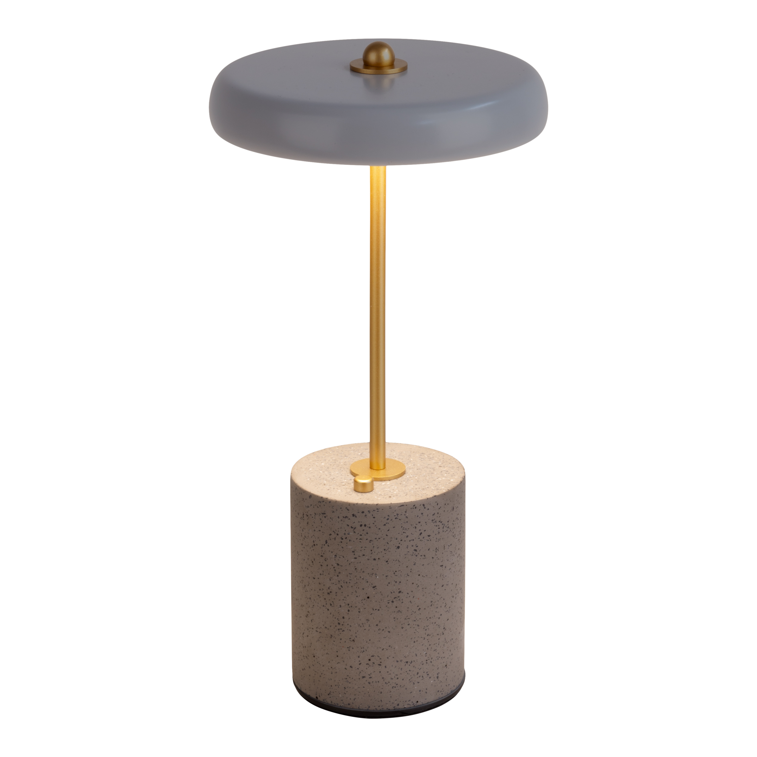 Eine moderne Tischlampe mit grauem Schirm, goldfarbenem Stiel und Sockel.