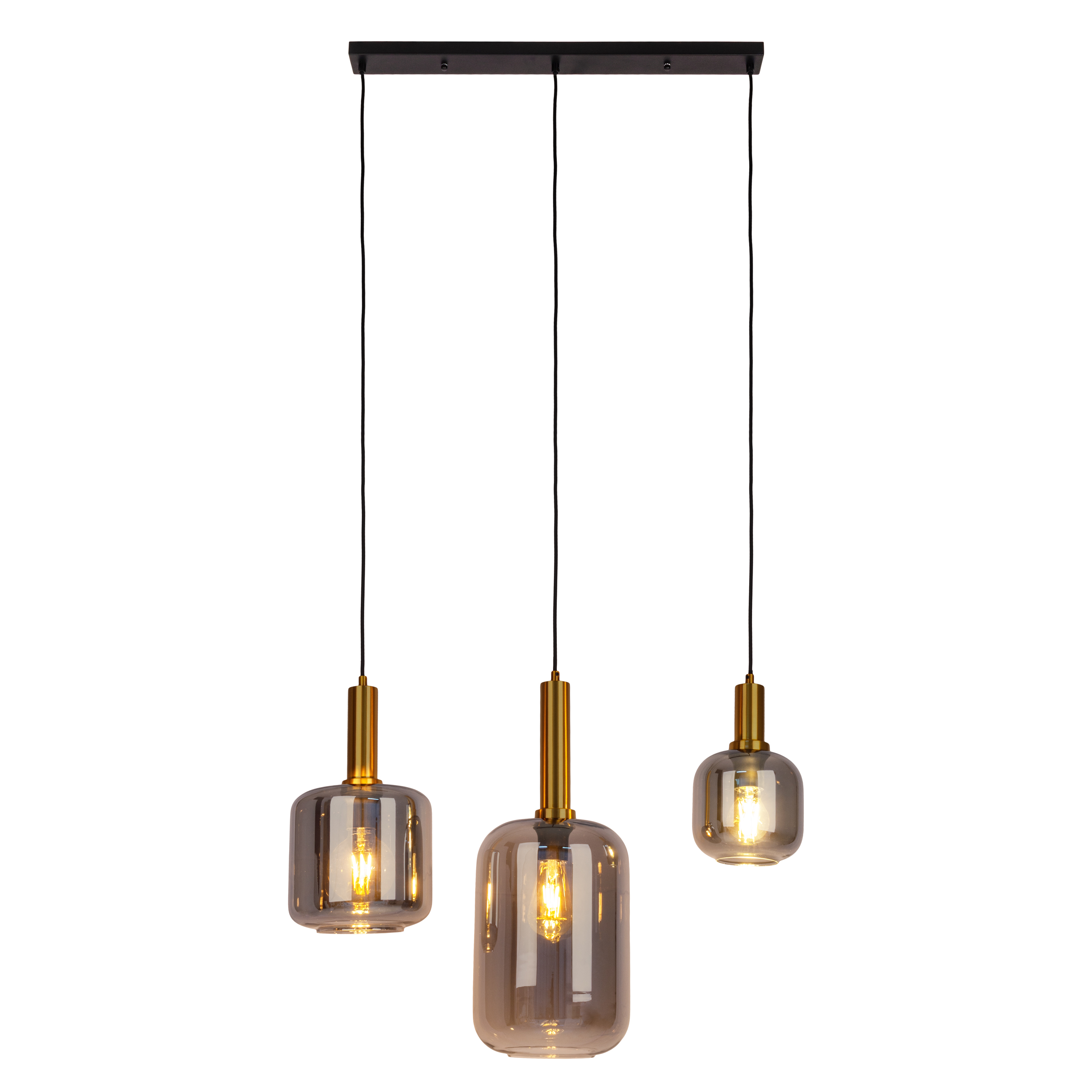 Drei Pendelleuchten mit Rauchglasschirmen und goldenen Akzenten, die an einer schwarzen Stange hängen.