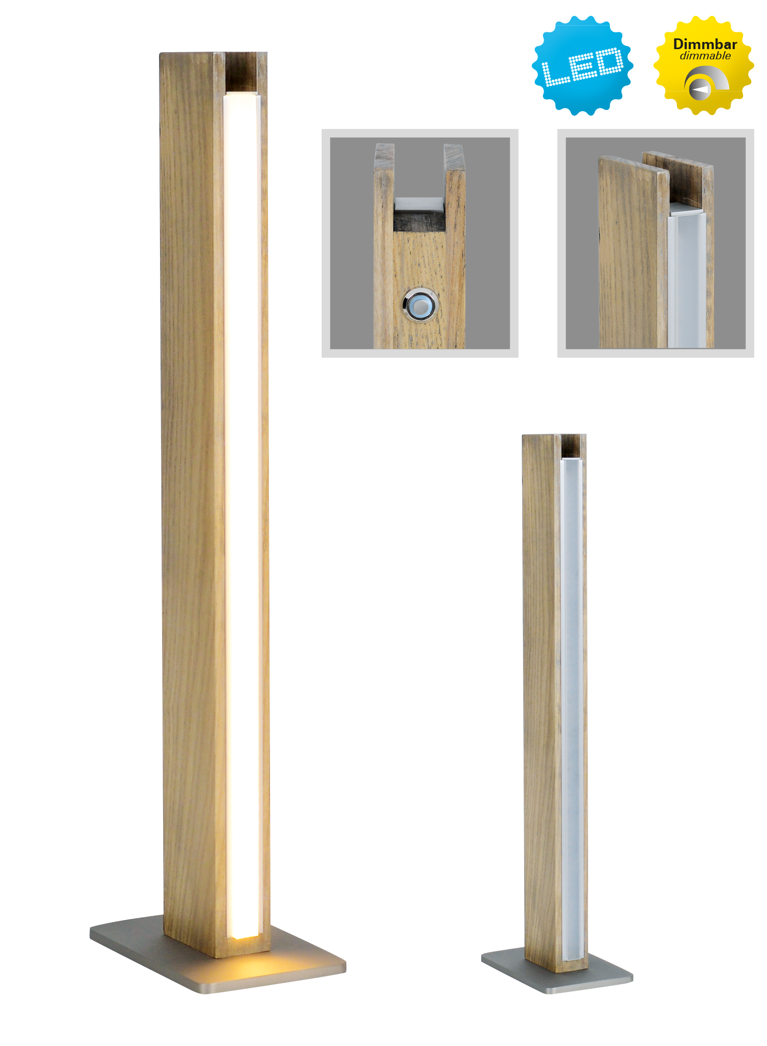 Hölzerne LED-Leuchten, hohe und kurze Versionen, mit Details.
