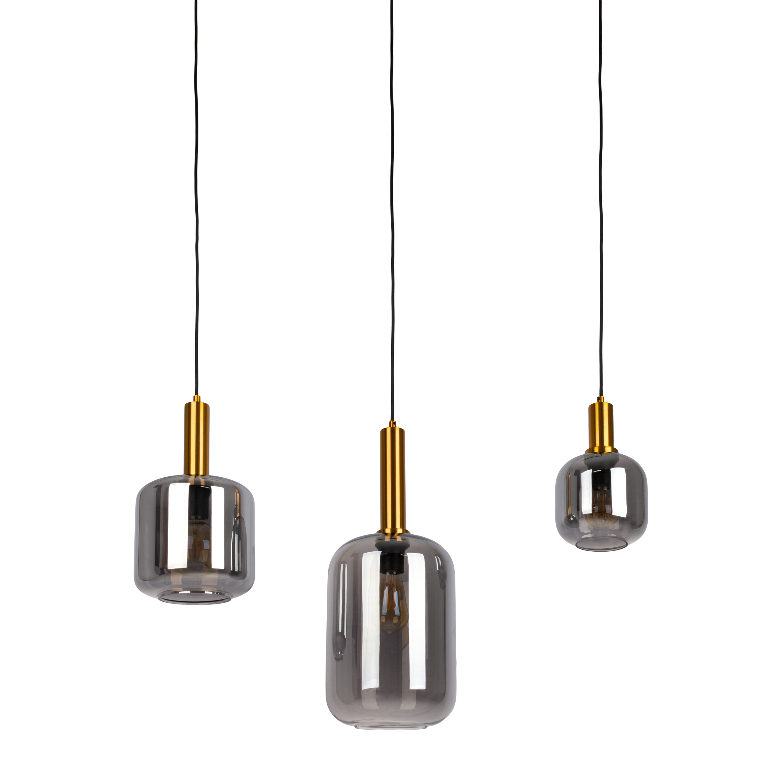 Drei Pendelleuchten mit grauen Glasschirmen und Goldakzenten, weißer Hintergrund.
