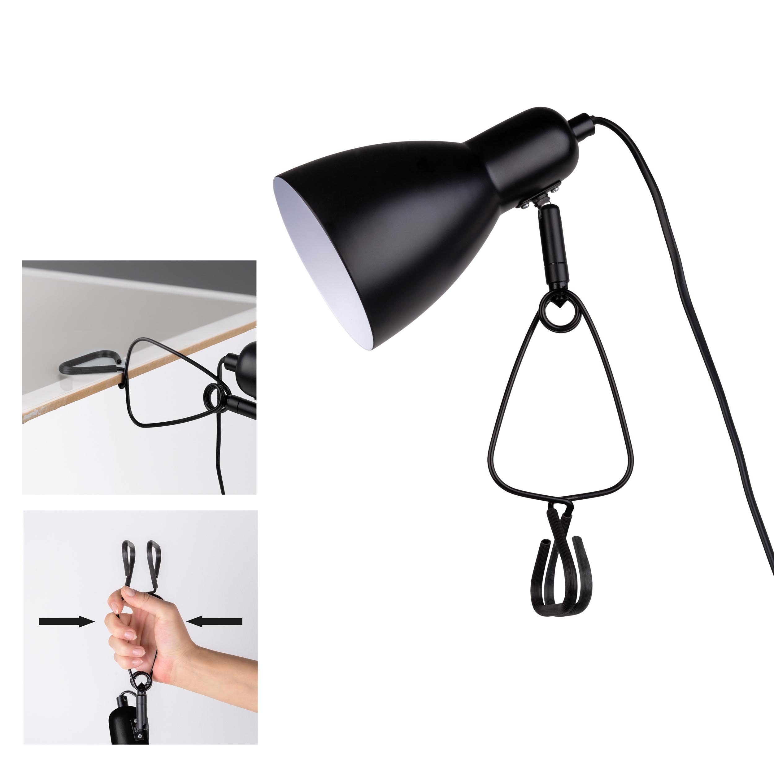 Eine schwarze Schreibtischlampe mit Clip und weißem Hintergrund, mit Diagrammen.
